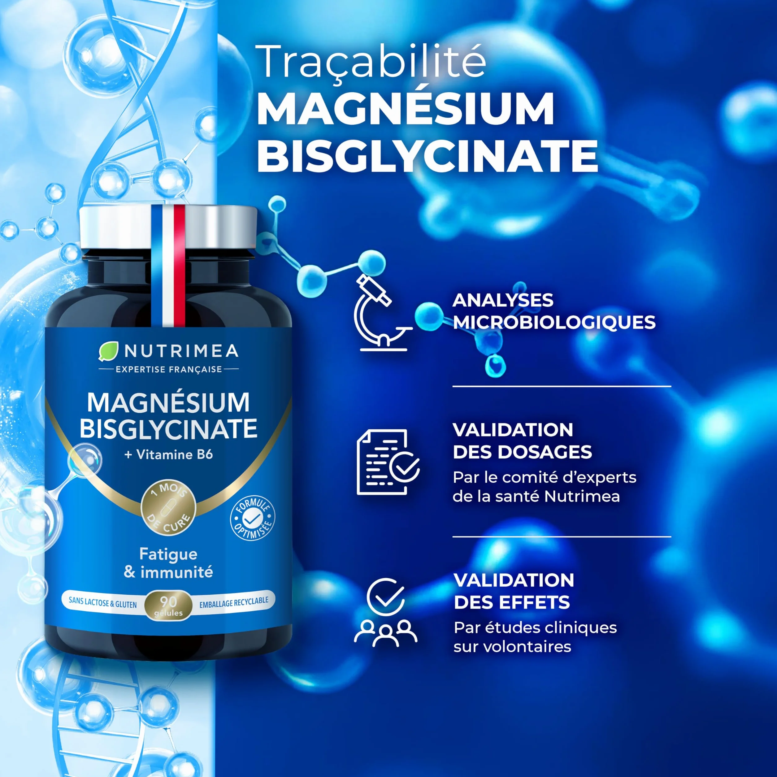 Nutrimea Magnésium Bisglycinate + Vitamine B6 90 Gélules Vegan Sommeil Stress Fatigue Absorption Maximale