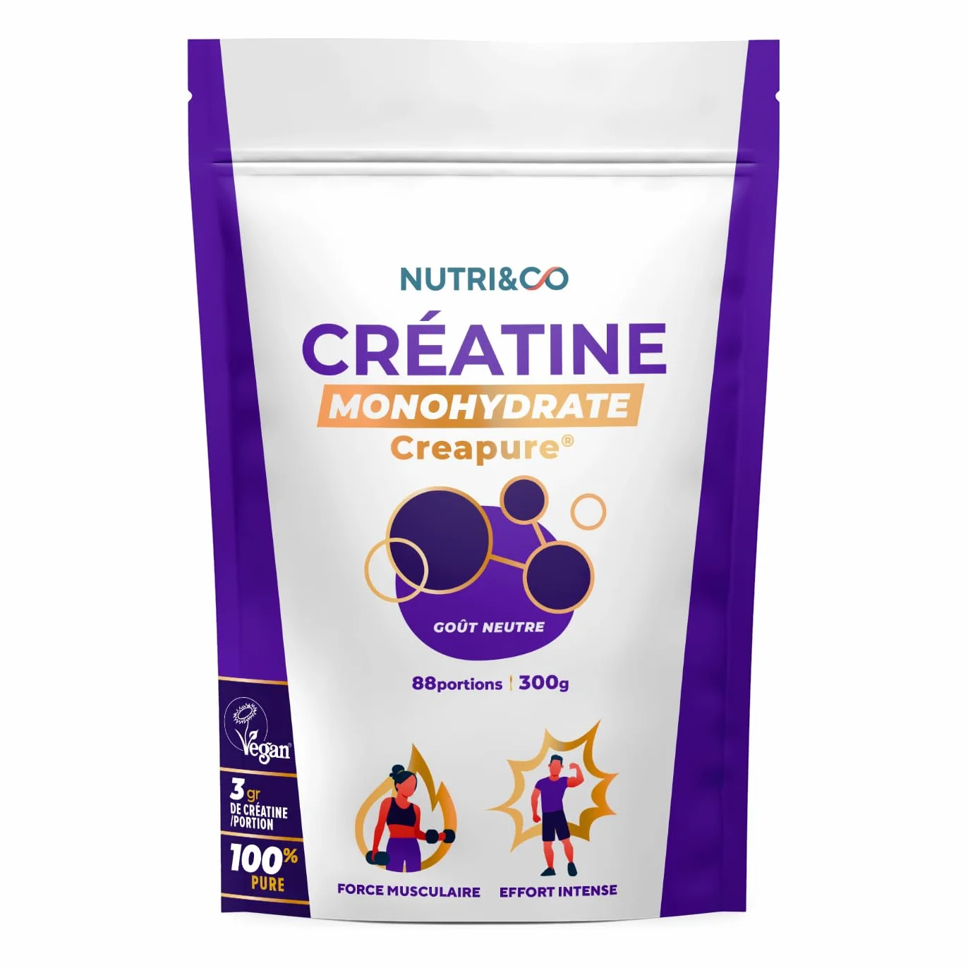 NUTRI & CO Créatine Monohydrate Creapure® Poudre 300g Goût Neutre 88 Portions Vegan 100% Pure