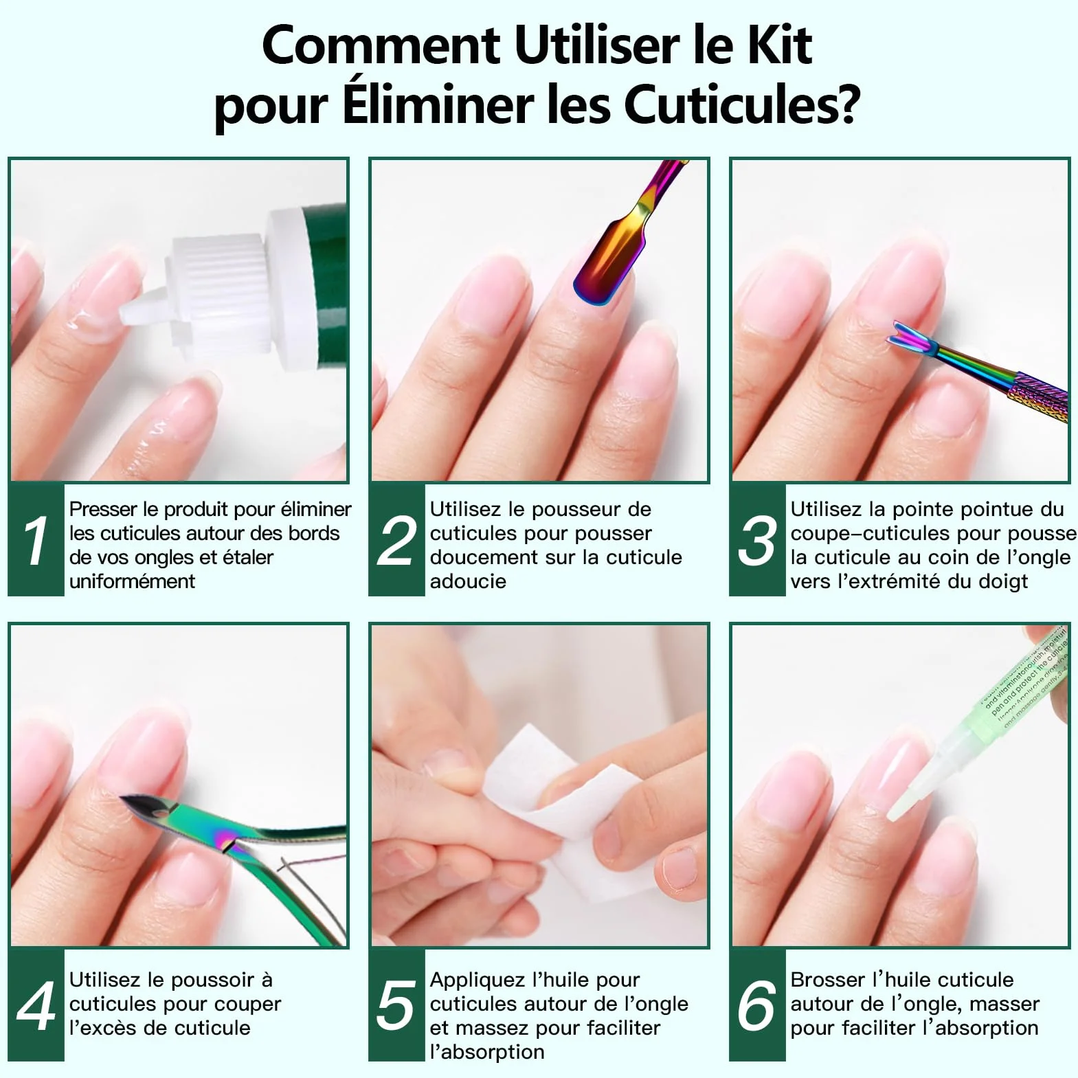 Kit de Remover de Cuticules avec Crème, Stylo d'Huile, Coupe-Cuticules, Pousseur et Tampons