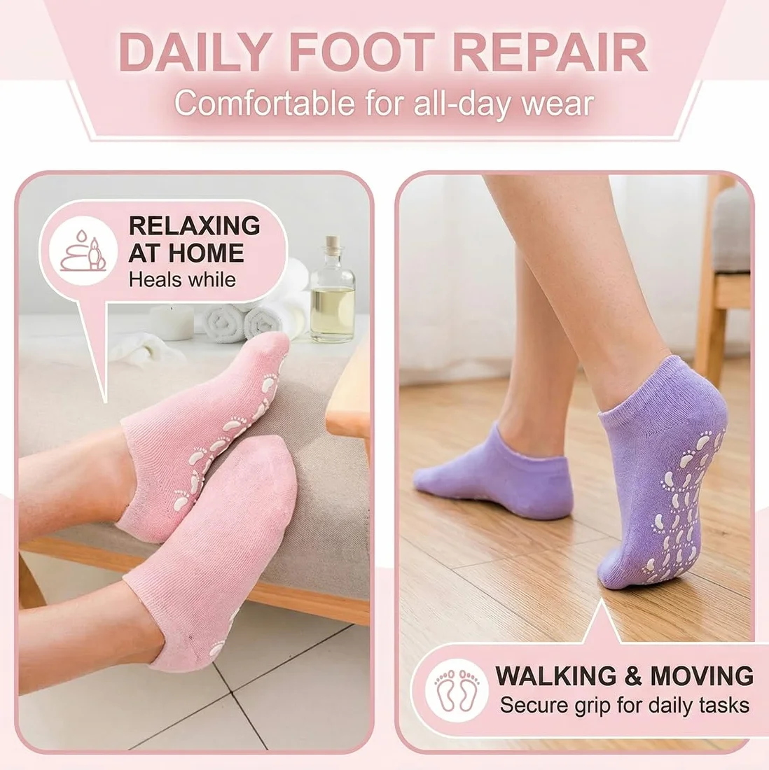 Chaussettes en gel pour talons hydratantes antidérapantes bout ouvert réutilisables rose bleu violet