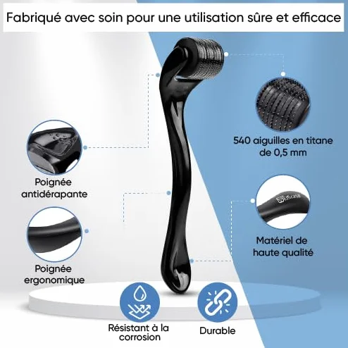 Dermaroller Microneedling 540 Micro-Aiguilles Titane Médical 0,5 mm Visage Repousse Cheveux Barbe Réduction Cicatrices Rides