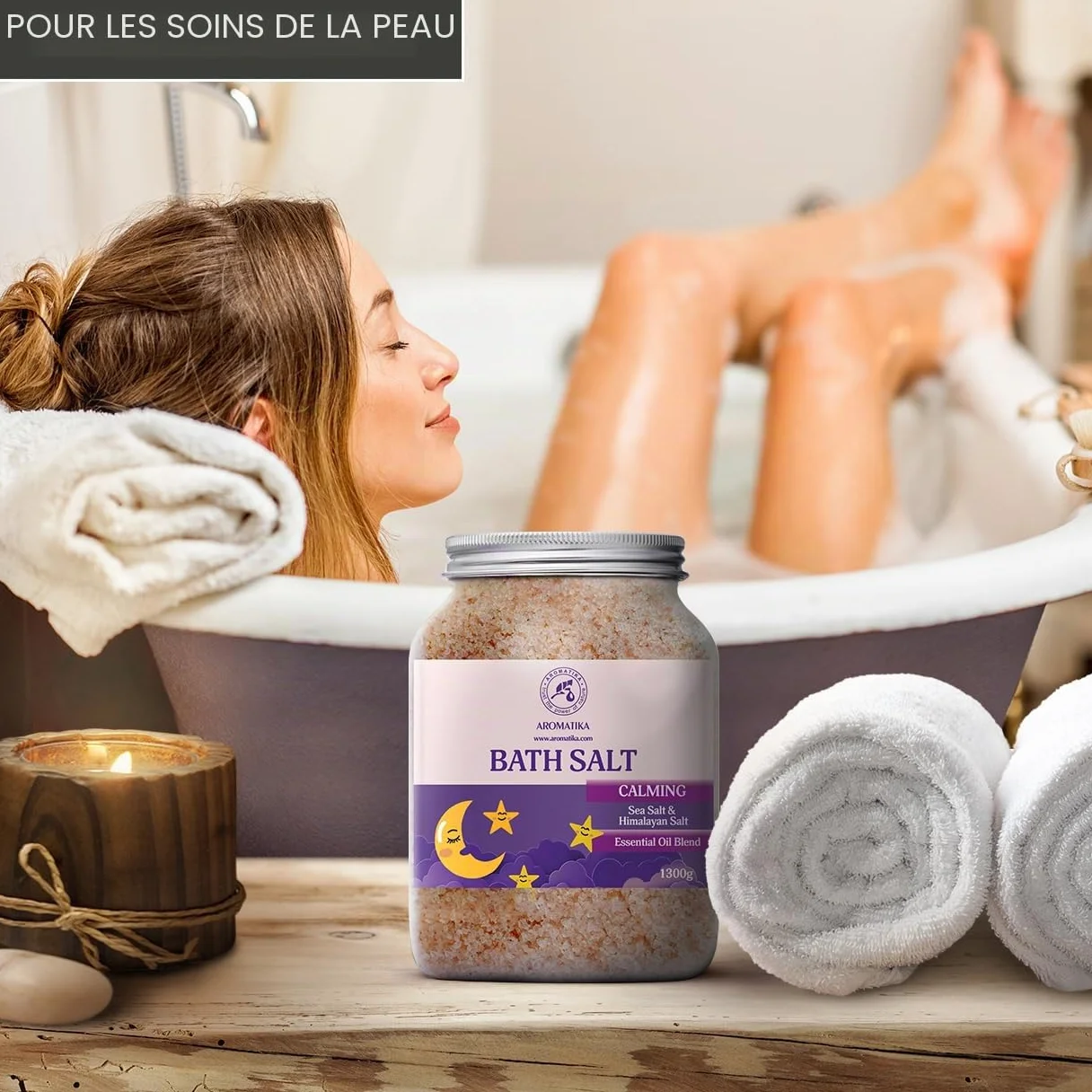 Sel de Bain Calmants 1300g - Huiles Essentielles de Bois de Lavande & Bergamote & Santal - Pur & Naturel - Bon Sommeil - Détente - Soulagement du Stress - Bain - Beauté - Relaxant