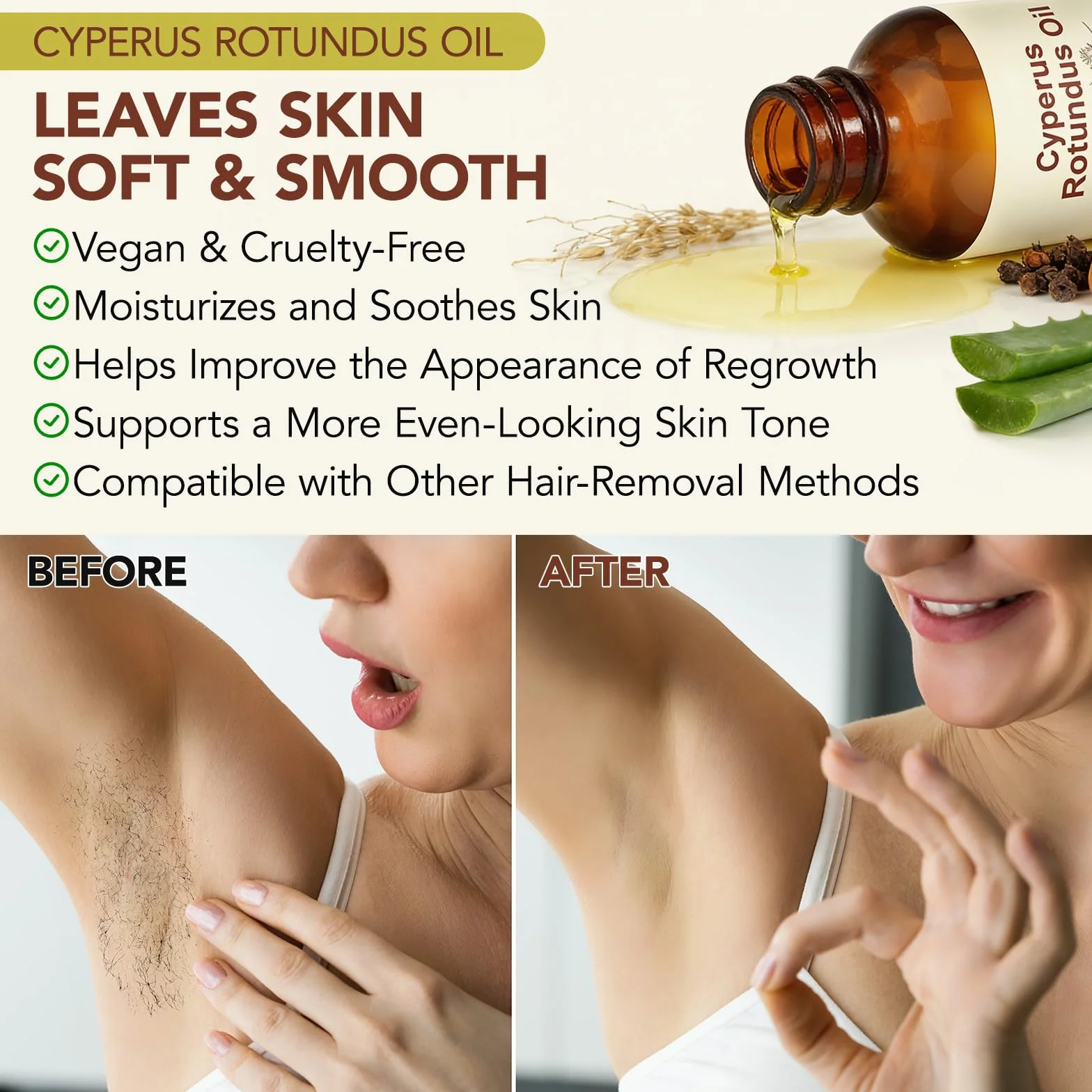 Huile Cyperus Rotundus Naturelle pour Épilation, Réduit la Croissance des Poils, Resserre les Pores, Hydrate la Peau (1 Pièce)