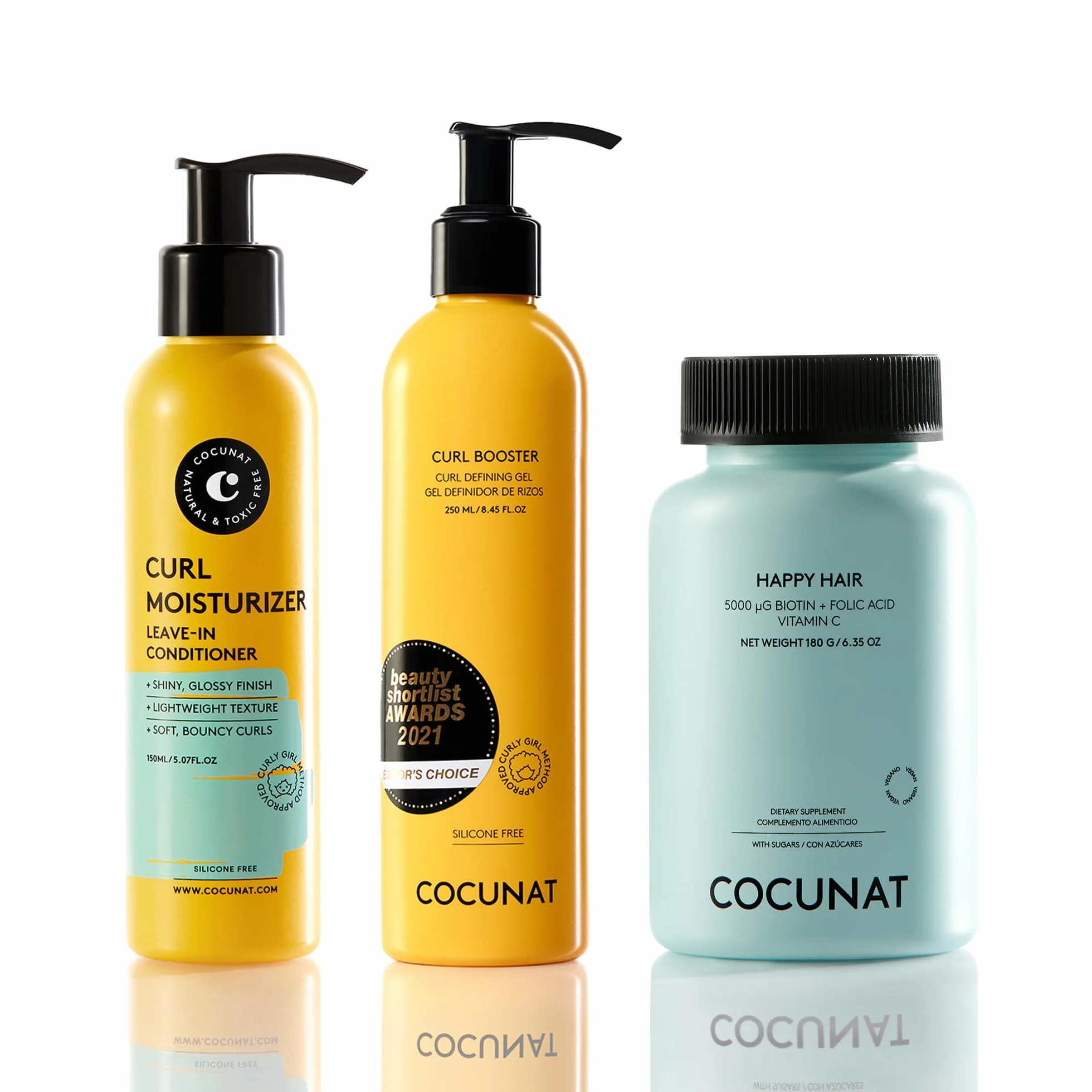 COCUNAT Pack Méthode Curly + Happy Hair Définit et Renforce ta Crinière | Après-shampoing Leave-In + Gel Définisseur + Vitamines Anti-Chute. Définit, hydrate et renforce ta crinière bouclée.