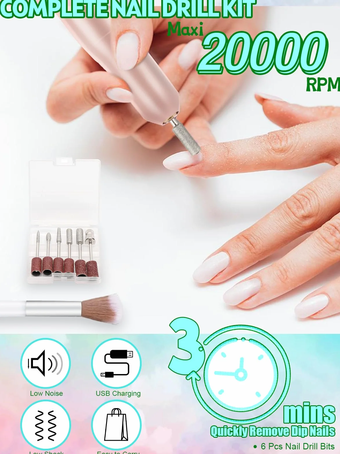 EBANKU Kit de manucure 50 couleurs poudre à tremper base perceuse électrique top coat liquide activateur nail art