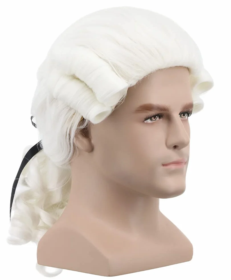 Yuehong Perruque Homme Longue Bouclée Blanche de Juge et Avocat Siècle 18 Gentleman Colonial Costume Cheveux avec Fibres Synthétiques Résistantes à la Haute Température (Blanche)