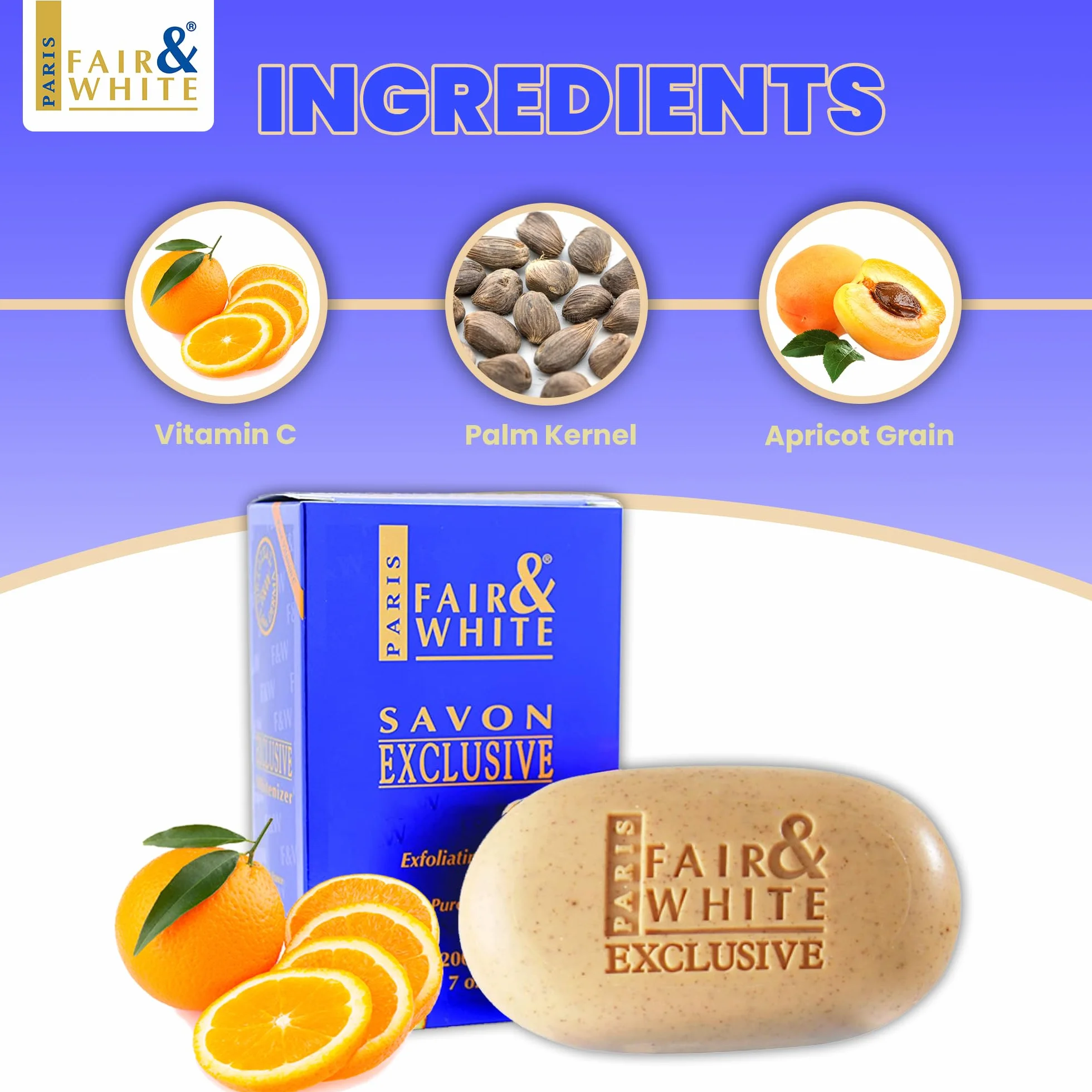Fair and White Exclusive Exfoliating Soap | 7 oz / 200 g | Pain Exfoliant Éclaircissant, Atténue les Taches Sombres, Traitement de l'Hyperpigmentation, Teint de Peau Inégal