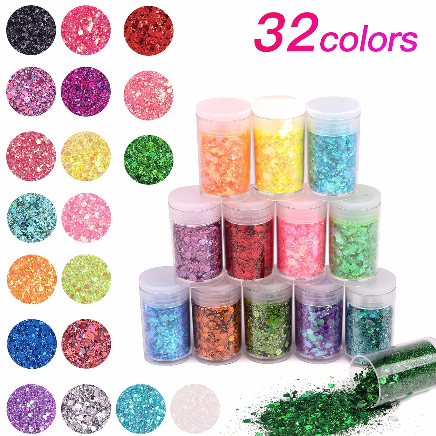 Nuangoo Poudre Brillante 32 Couleurs Paillettes Fines pour Art & Craft, Nail Art, Maquillage