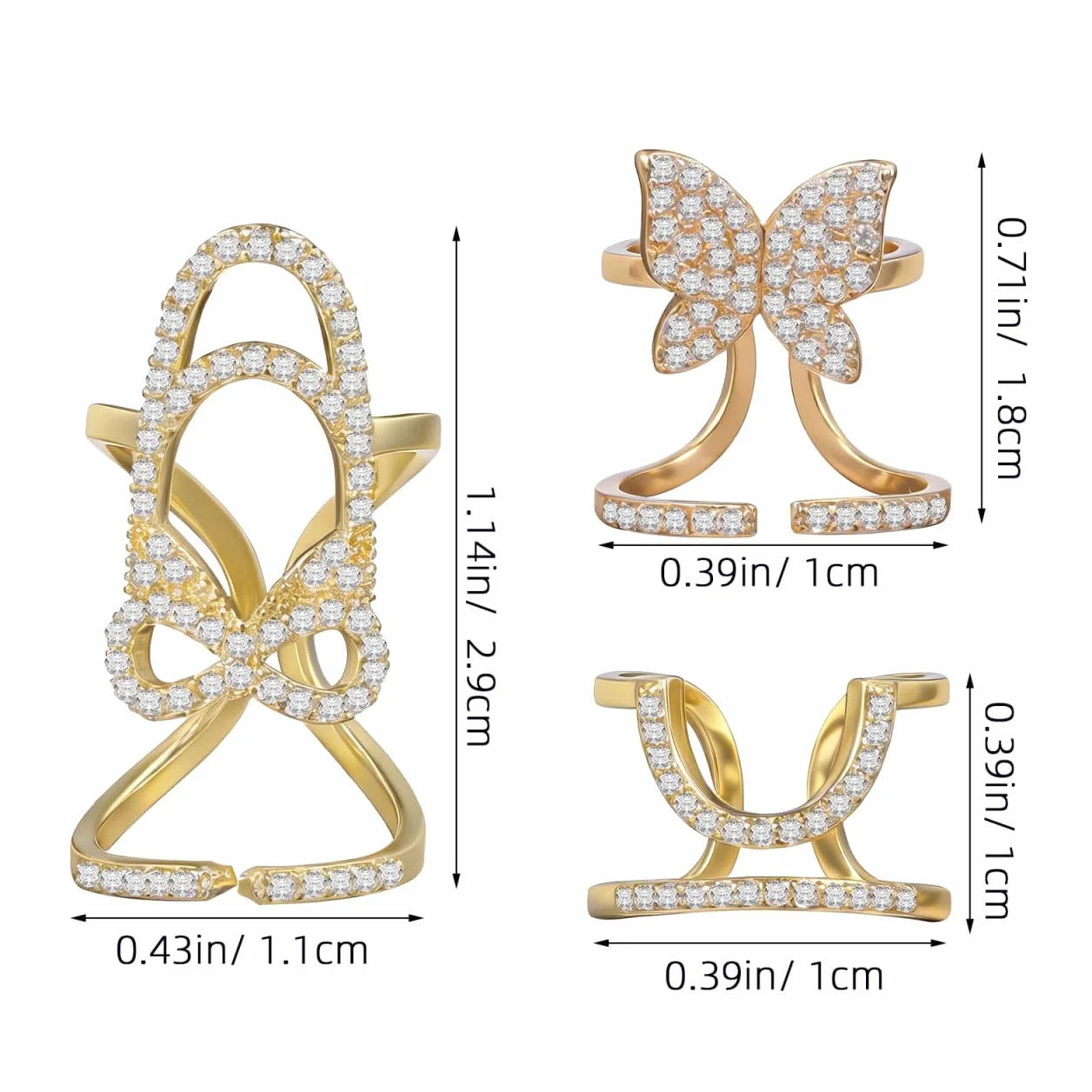 Bagues À Ongles Zircon Strass Nail Art Bijoux Décoration Pour Femmes 3 Pièces