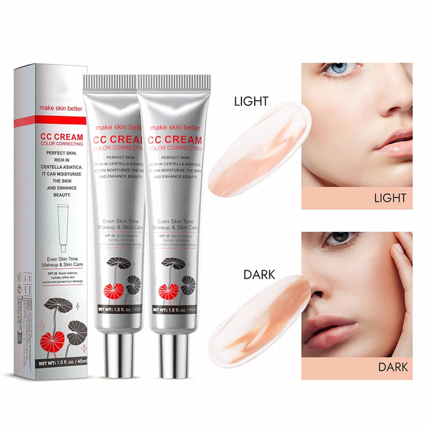 CC Cream Crème Correctrice de Teint SPF 25 Hydratant Teinté Léger Tenue Longue Effet Lissant Illuminateur DARK 45ml