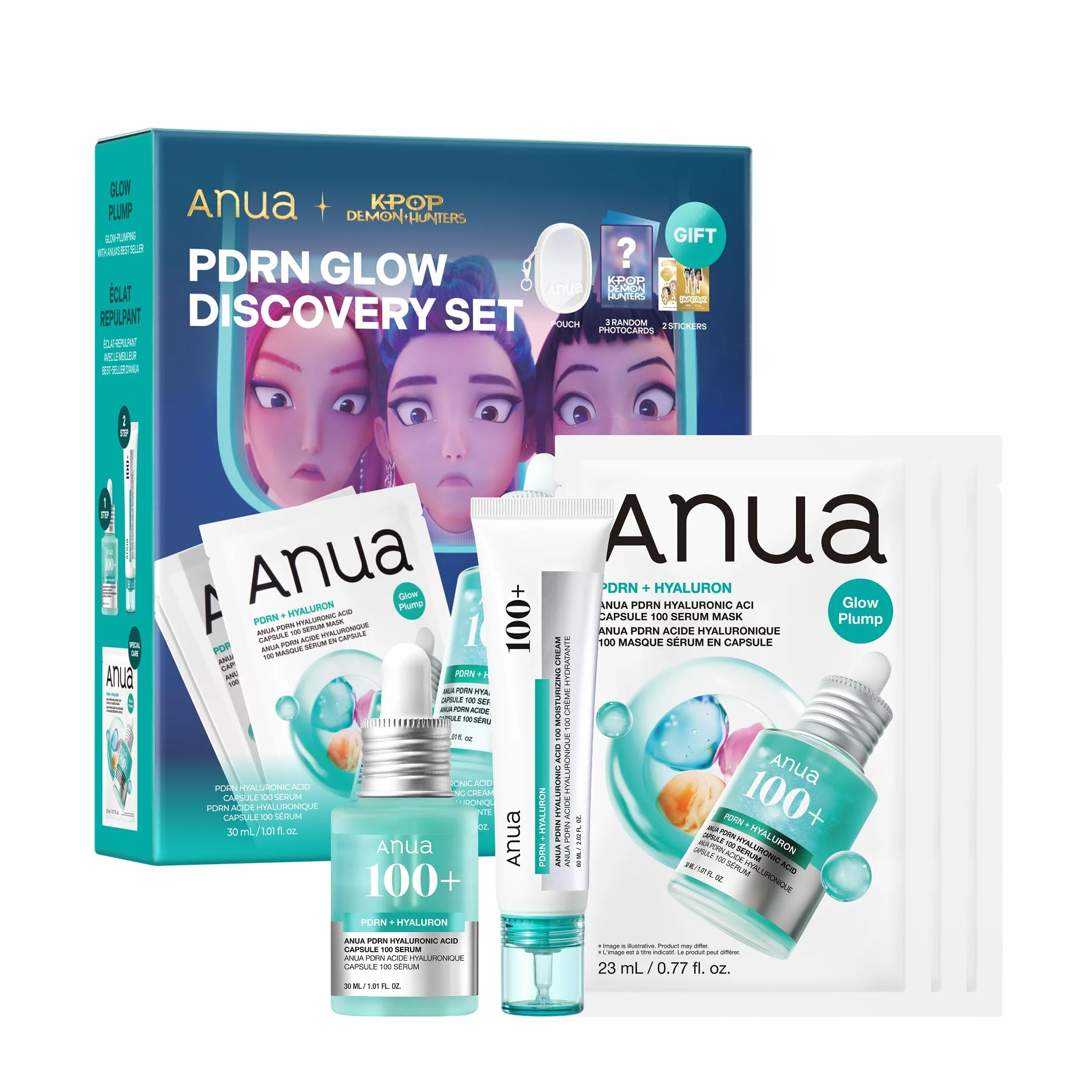 Anua PDRN Glow Discovery Set, Coffret Cadeau Beauté avec Sérum Visage (30ml), Crème Hydratante (60ml) et 3 Masques au Collagène, Soin Coréen pour une Peau de Verre (Glass Skin)