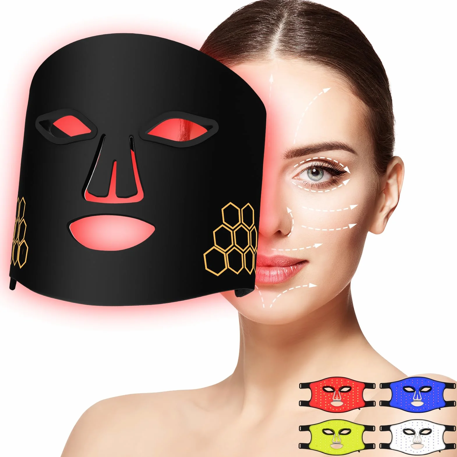 Masque facial à LED, Luckits masque de luminothérapie rouge avec 4 modes d'éclairage et télécommande, 216 ampoules LED, masque de luminothérapie infrarouge flexible en silicone pour visage les rides
