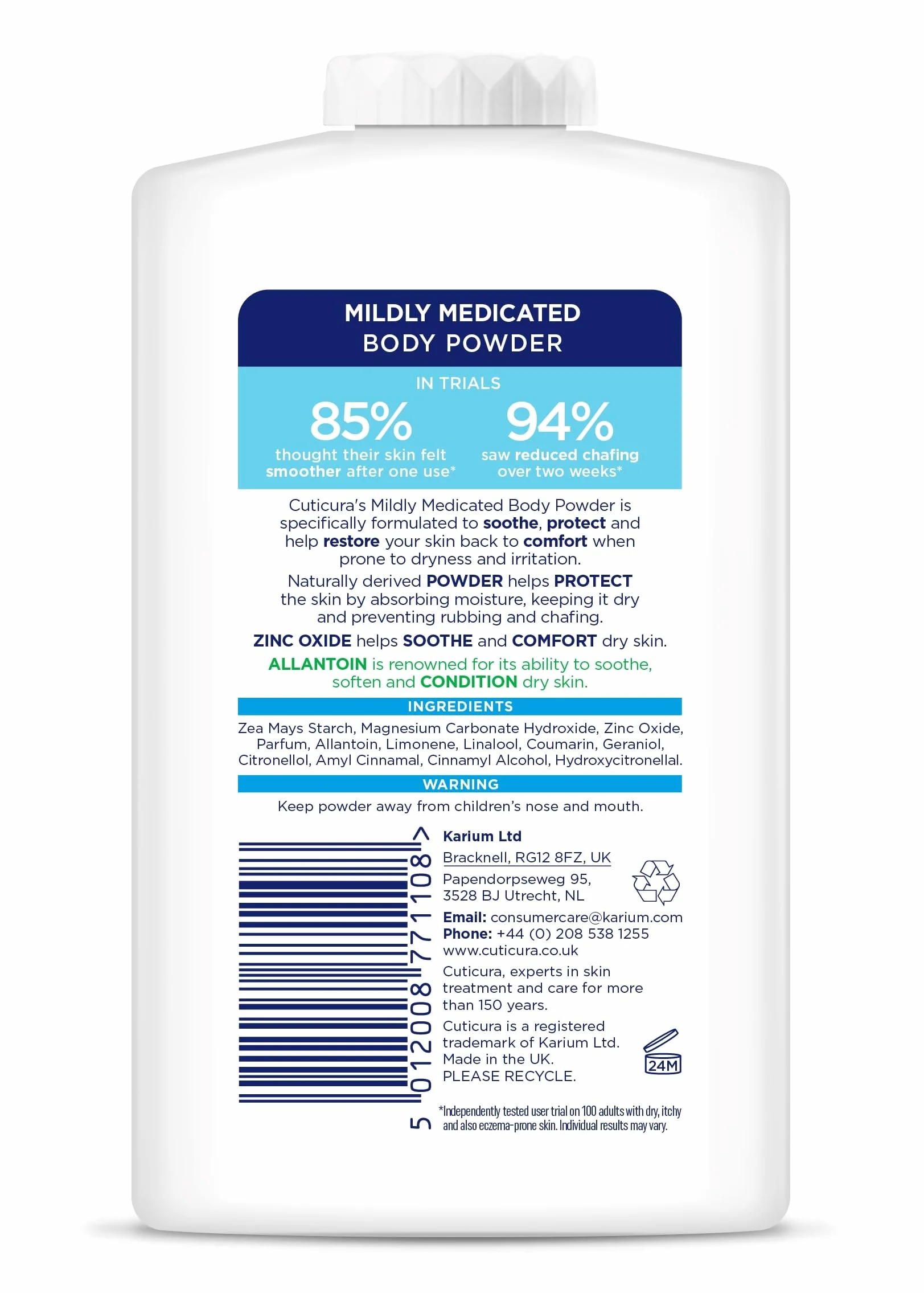 CUTICURA Poudre corporelle légèrement médicamenteuse 250 g hygiène personnelle contrôle sueur prévention frottements soulagement