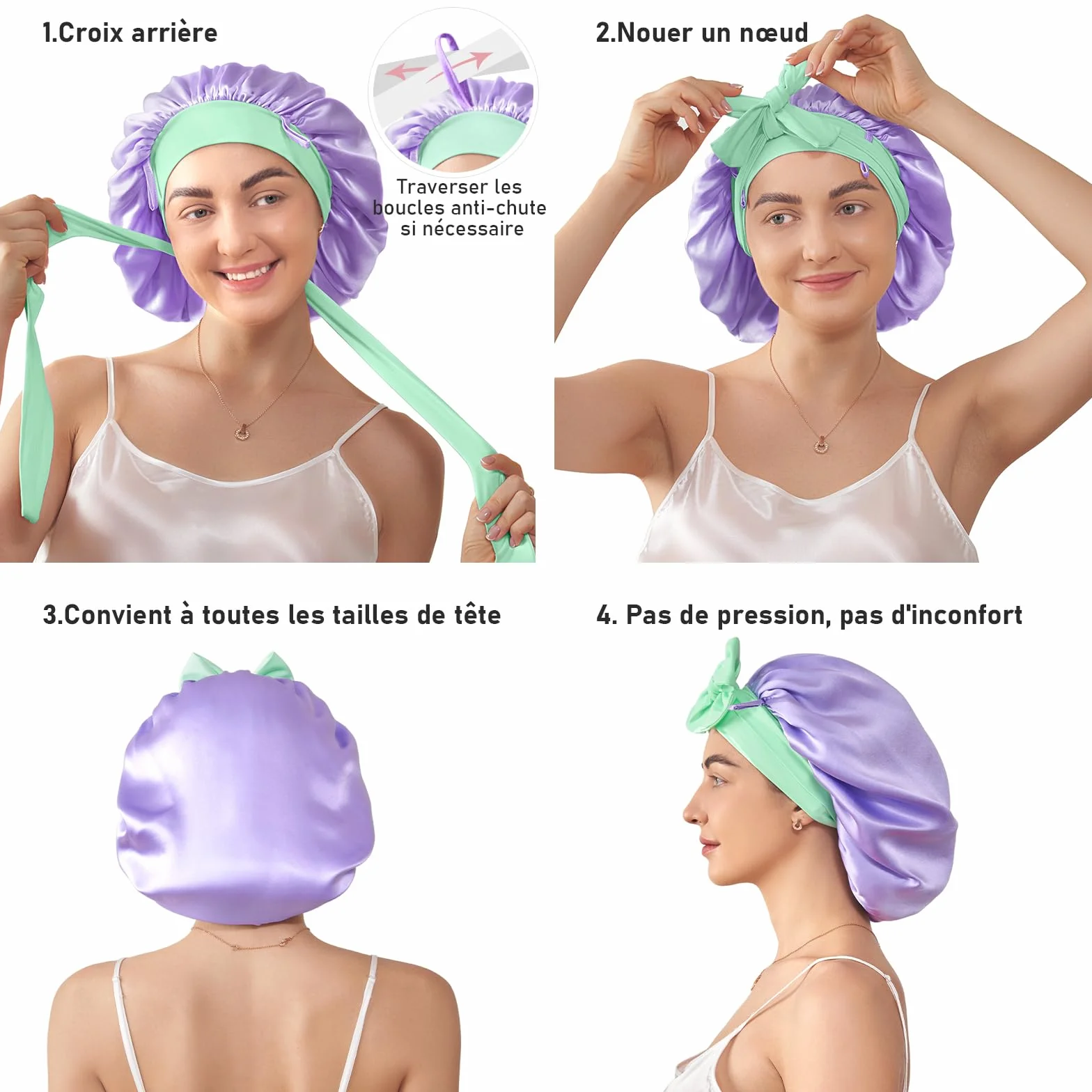LitBear Bonnet de Nuit 100% Soie Mûrier pour Femmes, 6A 22 Momme, Grand Cache-Cheveux en Soie à Double Couche avec Bande à Nouer, Turban en Soie Antidérapant