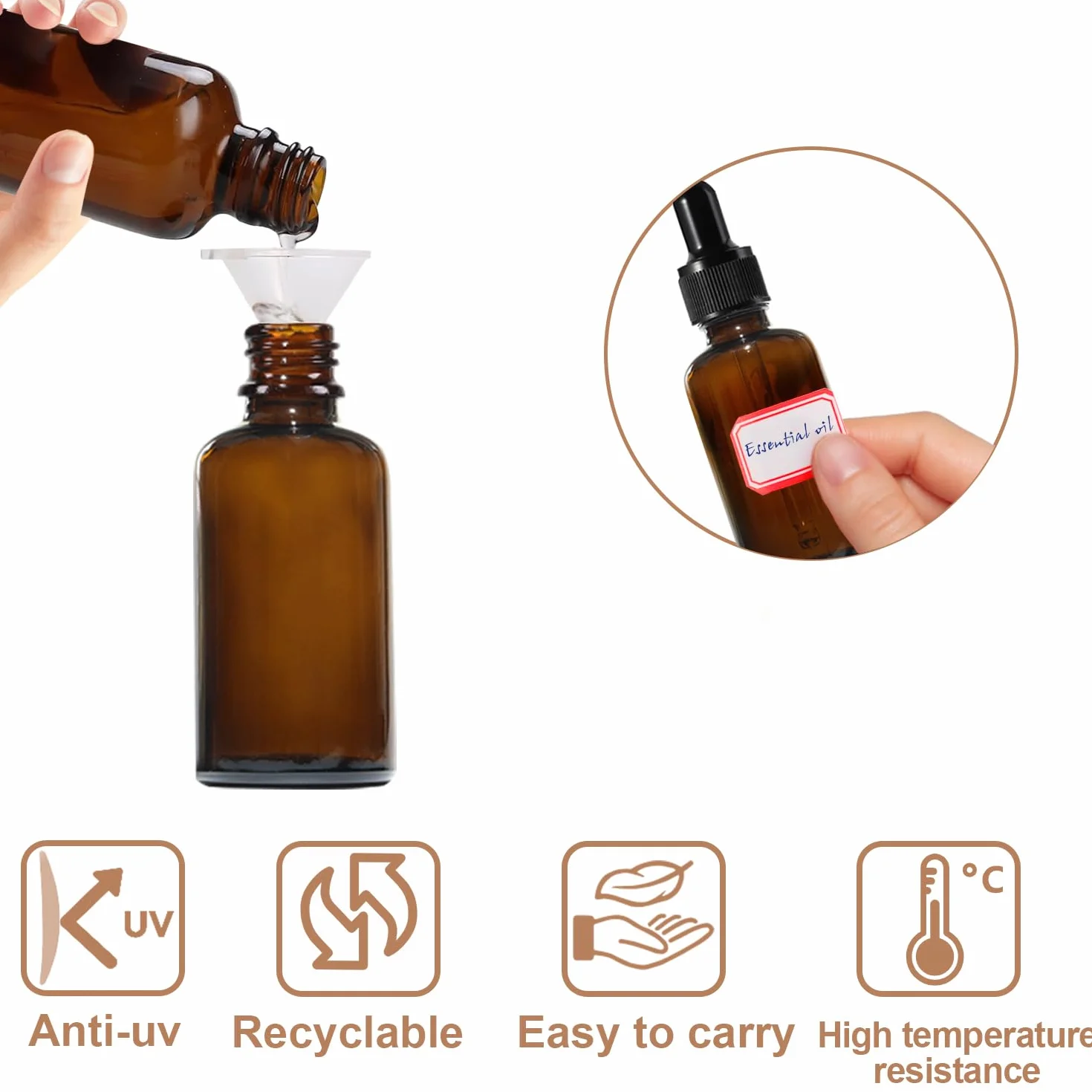Lot de 30 flacons compte-gouttes en verre ambré de 15 ml pour huiles essentielles, parfums, liquides, laboratoires de chimie