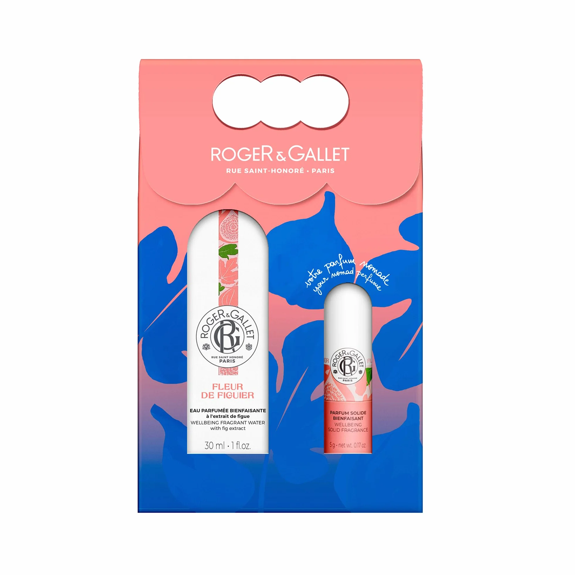 Roger & Gallet - Coffret cadeau Eau Parfumée Bienfaisante Fleur de Figuier 30ml et Parfum Solide - Cadeau Femme - Senteur Fraîche et Relaxante aux Notes Fruitées et Florales