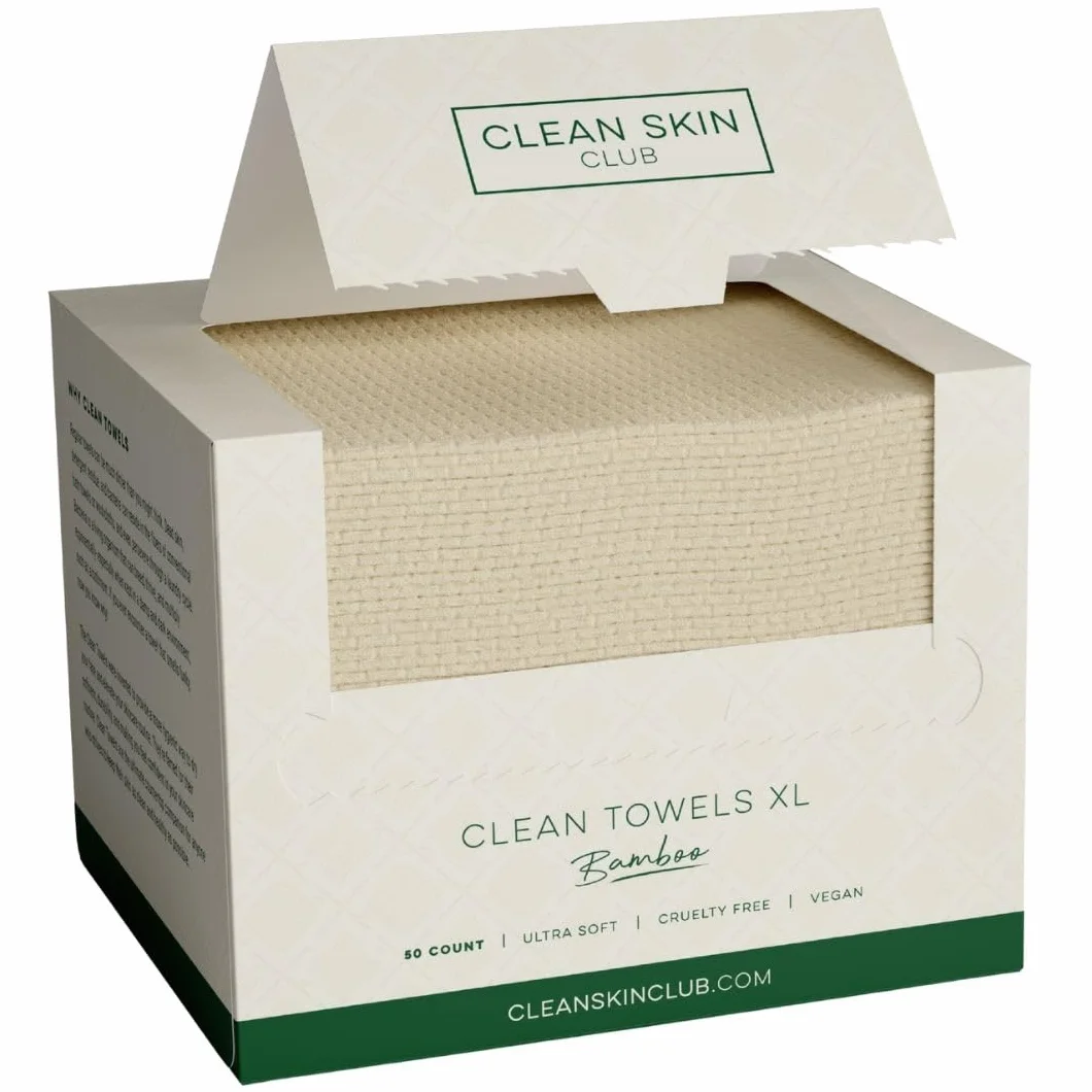 Clean Skin Club Bamboo Viscose Clean Towels XL lingettes visage 100% biosourcées USDA jetables démaquillantes 50 unités