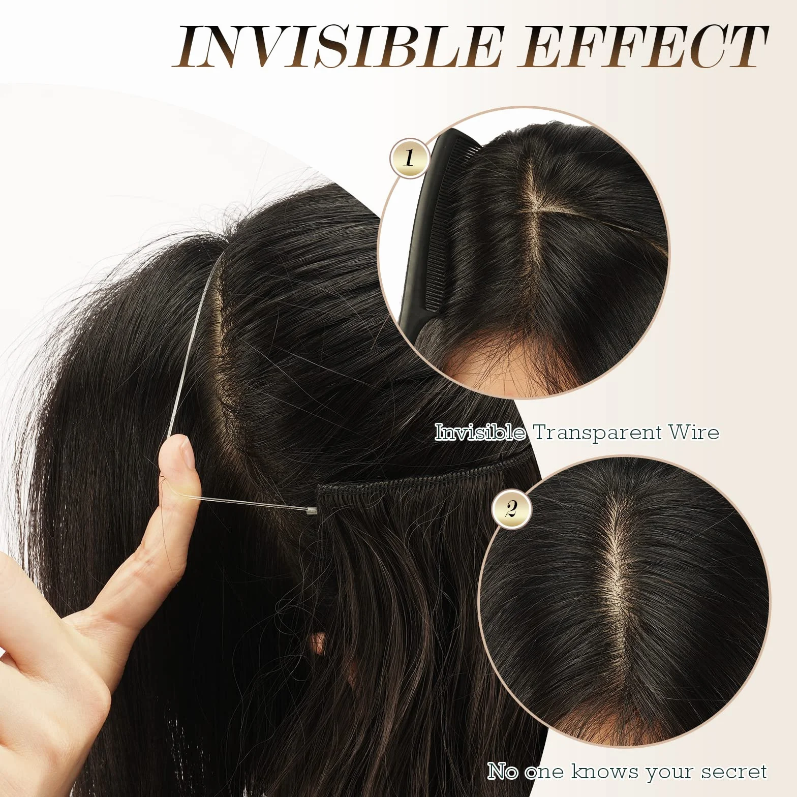 FESHFEN Extension Cheveux Fil Invisible Naturel - Longue Ondulés Fil Secrets Wire Hair Extensions Brun Foncé Synthétique Rajout Cheveux pour Femme, 50 cm