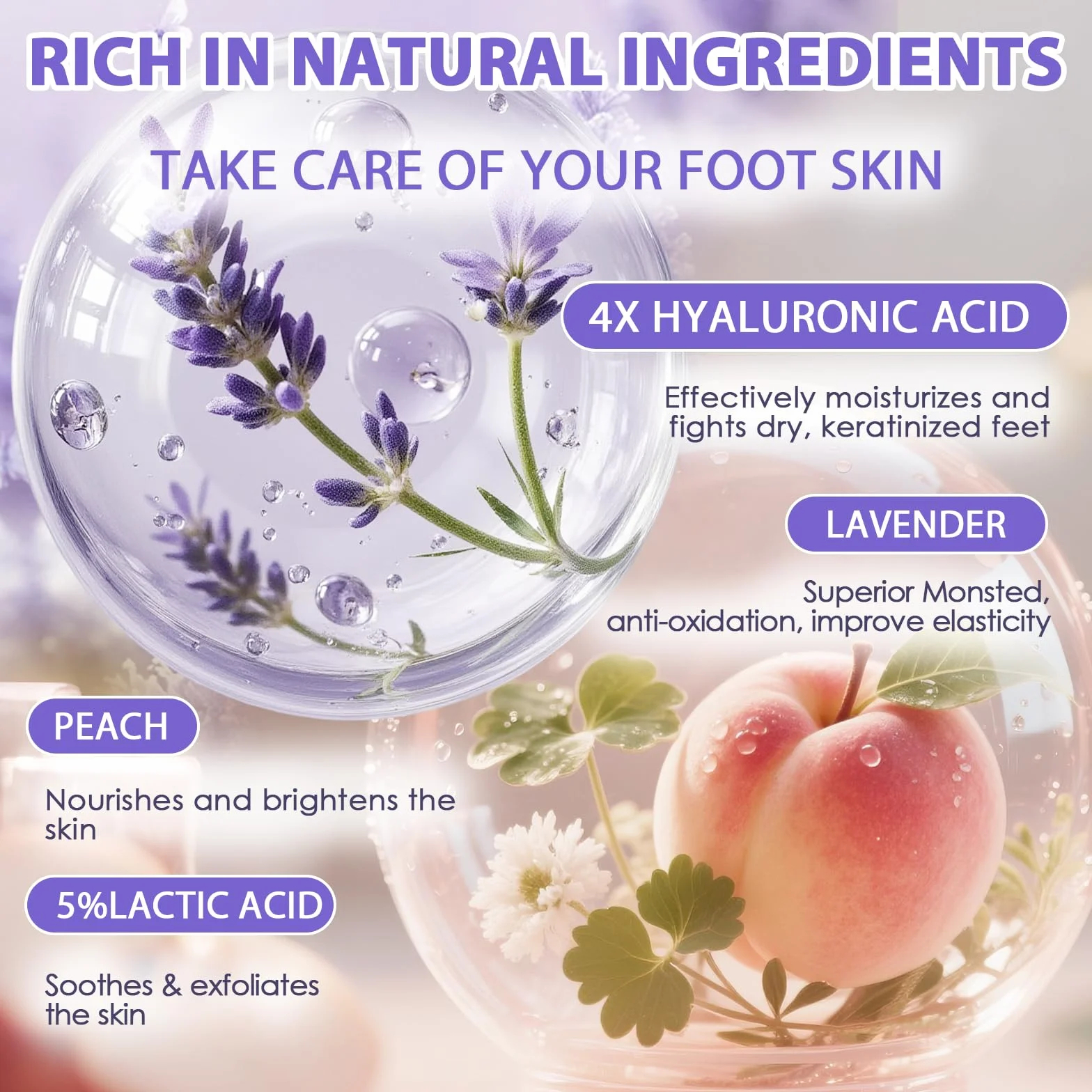 Masque Pied Peeling Exfoliant Nourrissant pour Femmes Hommes, Soin des Pieds (Pêche et Lavande)