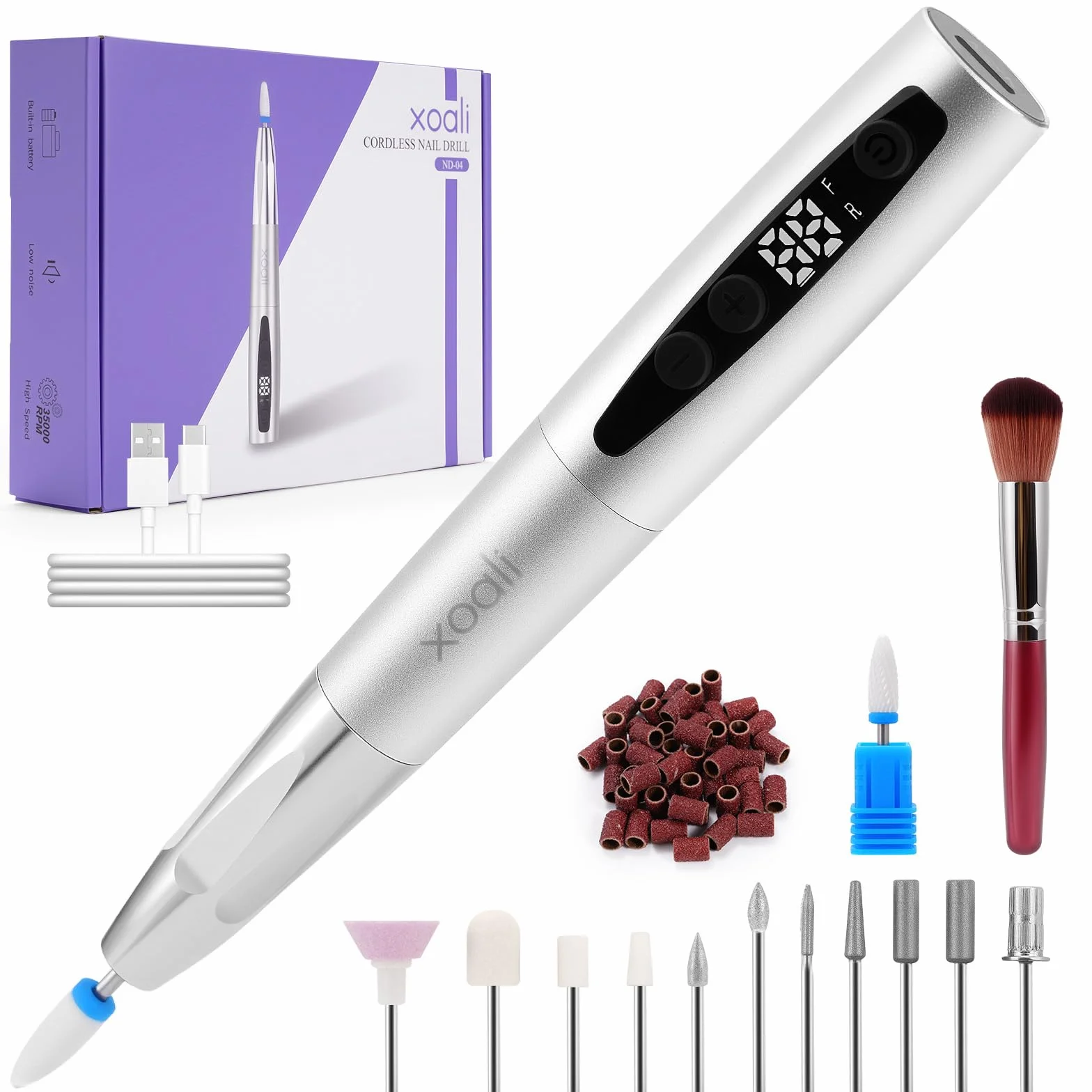 Xoali Ponceuse pour Ongles Professionnel 35000 tr/min,13 en 1 Lime a Ongle Electrique Sans Fil avec écran LCD,Kit de Manucure Pédicure Vitesse Réglable (Silver)