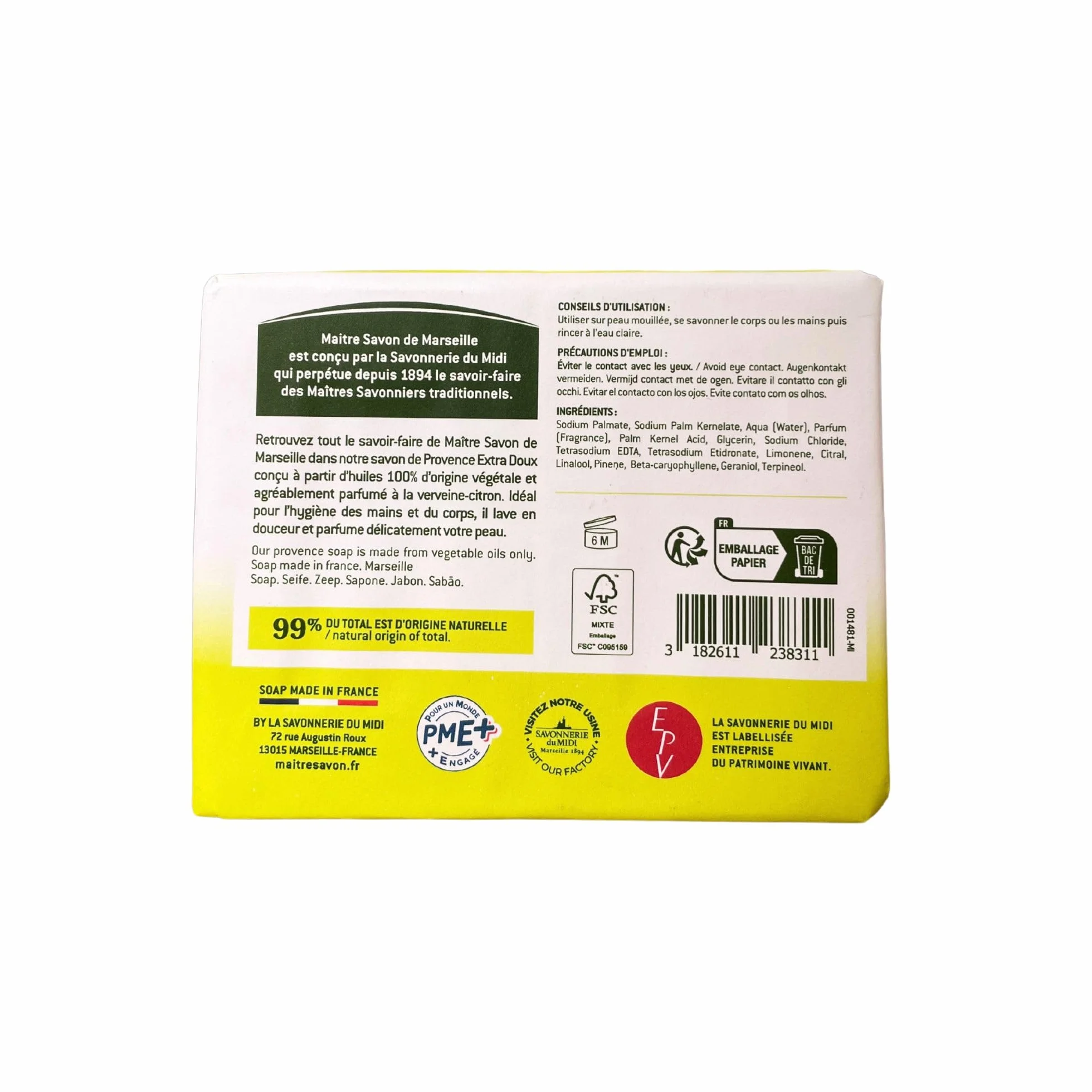 Savon de Marseille Verveine-Citron Extra Doux 2x100g 99% Ingrédients Naturels Corps & Mains