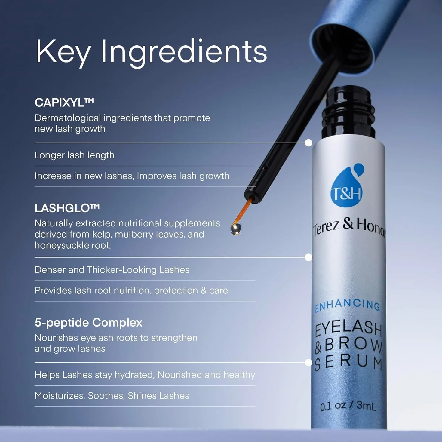 Terez & Honor Sérum Croissance Cils & Sourcils 3 mL - Sérum Fortifiant Testé Cliniquement pour des Cils Plus Longs, Plus Denses et Plus Épais - Fabriqué en Corée, Sans Hormones