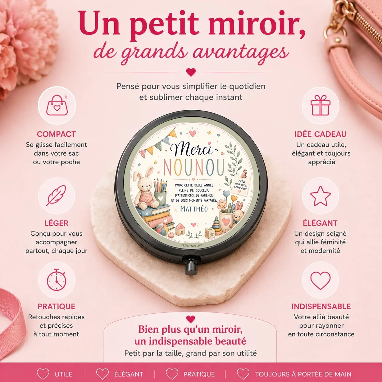 Miroir de Poche Personnalisé Cadeau Nounou Fin d'Année avec Prénom – Cadeau Assistante Maternelle Original