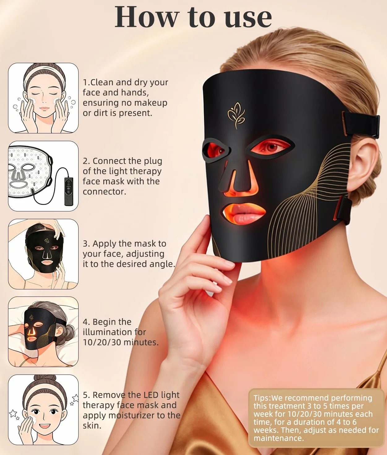 Masque de luminothérapie à LED - Masque facial à lumière rouge - Longueur d'onde rouge pour un usage domestique - Soins de la peau avancés en toute simplicité