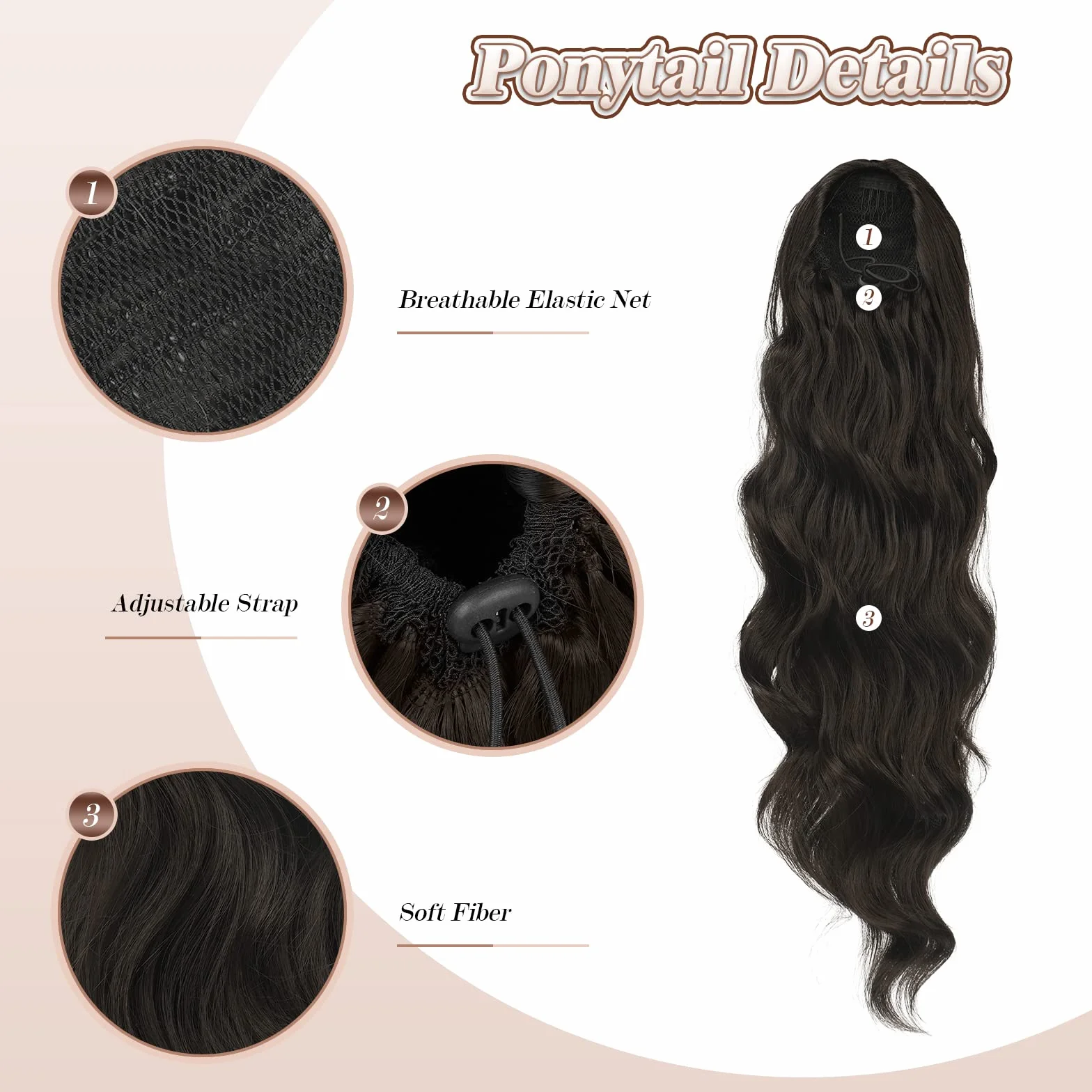 FESHFEN Queue de Cheval Cordon Longue Bouclé Ondulées Ponytail Cheveux Naturel Postiche Extension Synthétique Rajout Drawstring Ponytail Extensions pour Femmes, Noir Naturel 60 cm