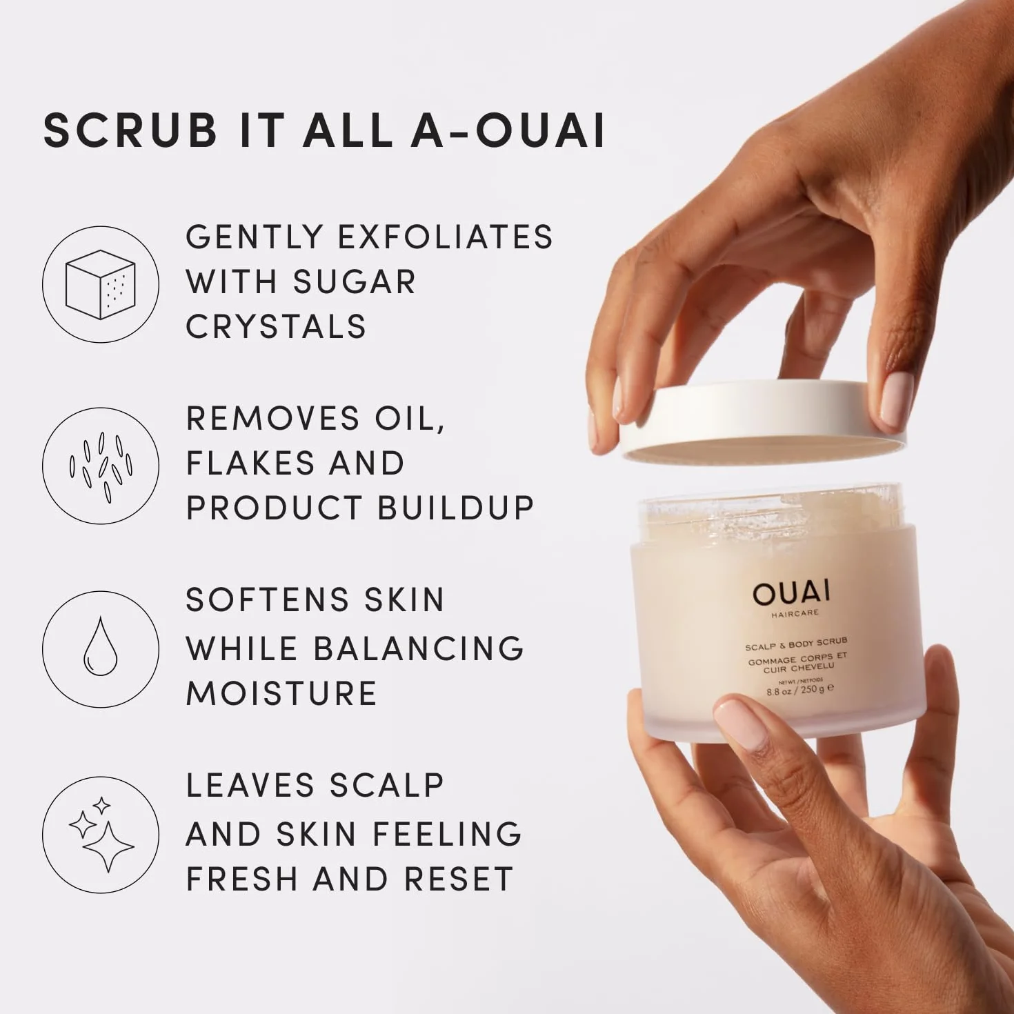 OUAI Gommage cuir chevelu & corps format voyage, Melrose Place - Gommage exfoliant au sucre + mélange d’huile de coco pour une peau lisse et hydratée - Exfoliant doux pour éliminer l’accumulation de p
