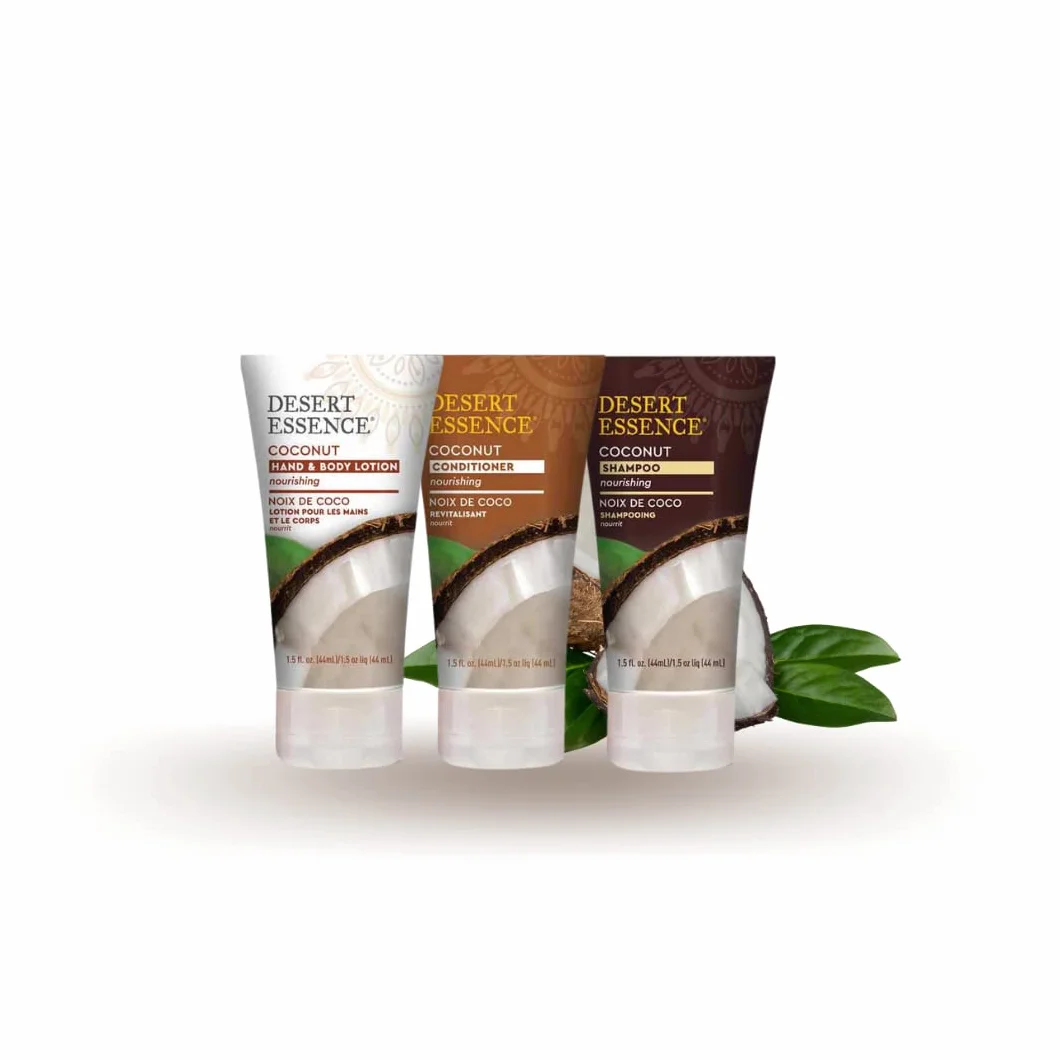 Desert Essence - Shampooing, Après-Shampooing et Lotion pour les Mains et le Corps à la Noix de Coco - Format Voyage - Pack Trio - 3 x 44mL