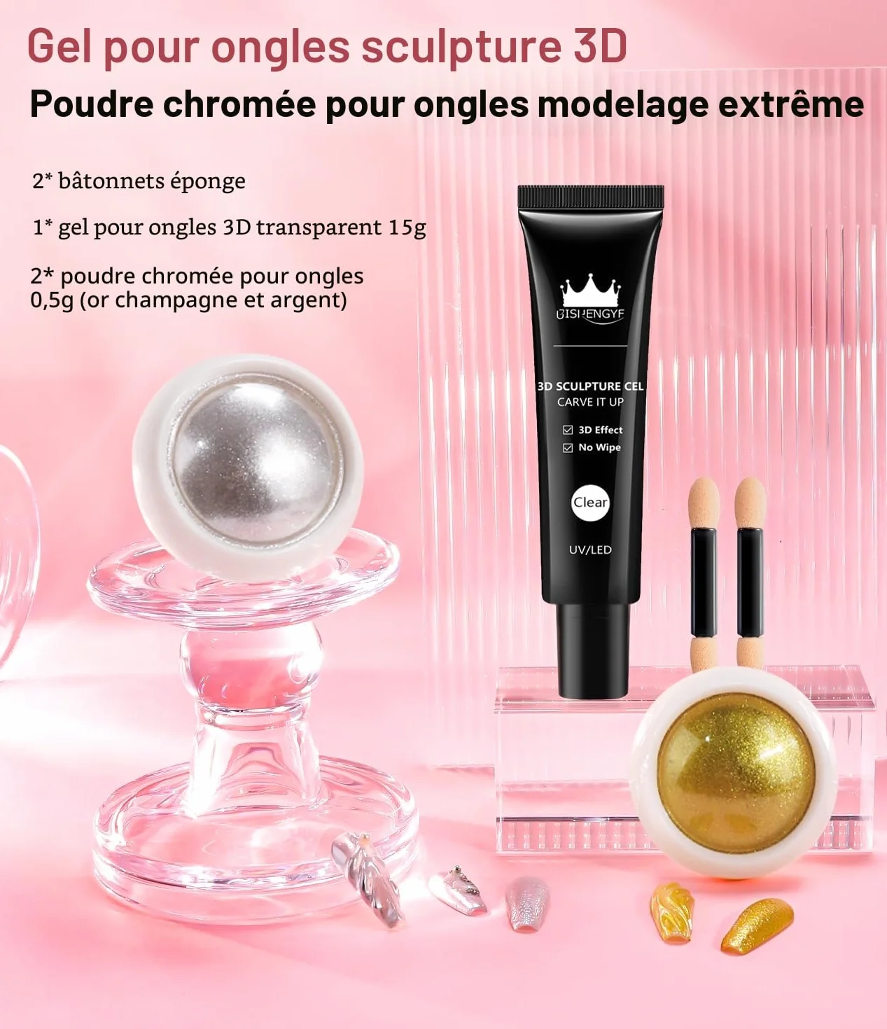 Kit de décoration d'ongles chromé et gel 3D 4 en 1, poudre miroir sans essuyage, or rose et argent, base solide transparente