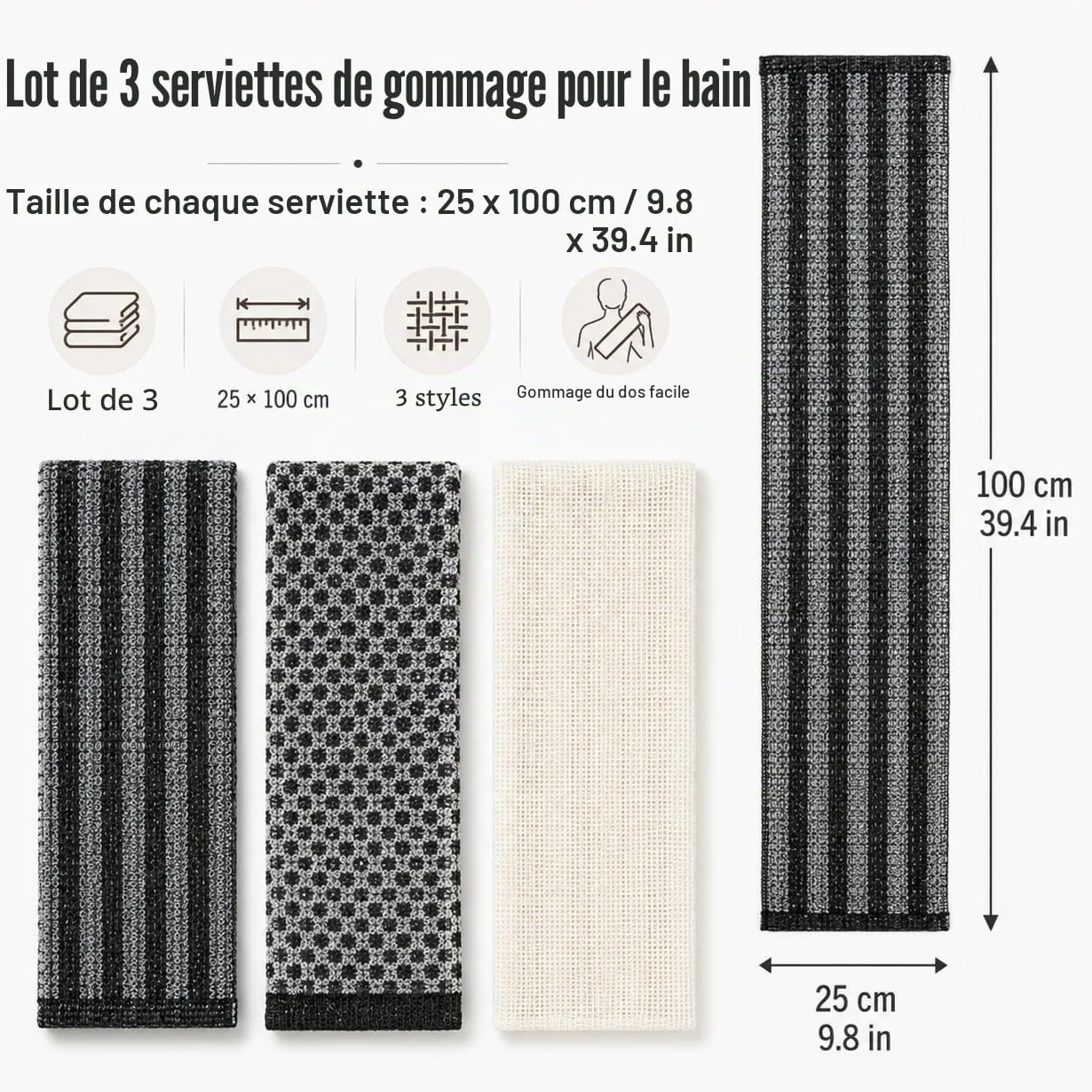 Serviette Exfoliante Douche 3 Pièces Japonaise 25×100 cm Lave Dos Long Double Face Homme Femme
