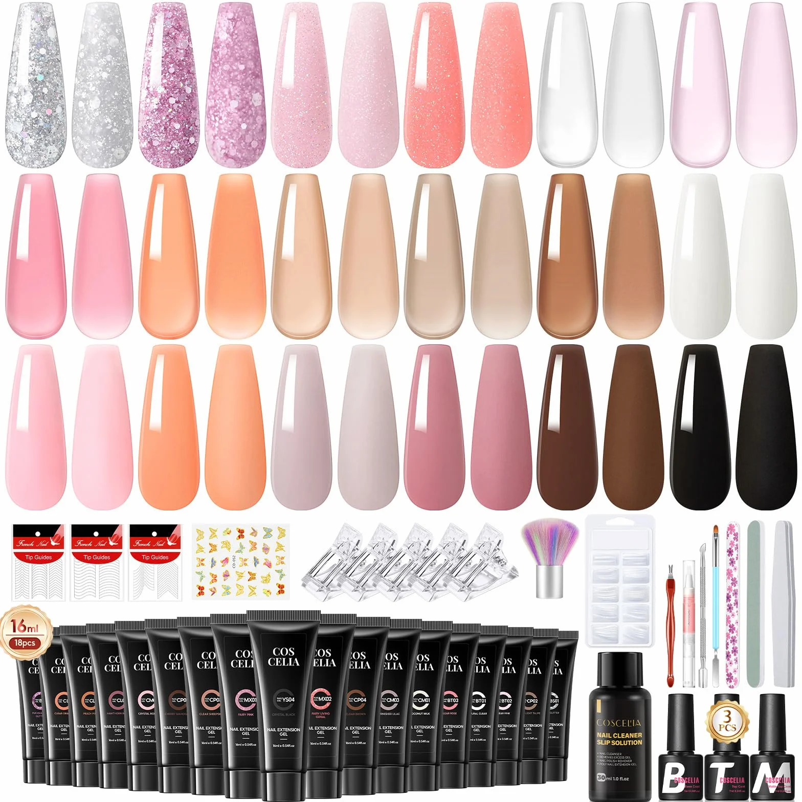 COSCELIA Poly Nail Ongle Gel Kit 40pcs, 18 x 16ML Professionnel Poly Extension Tube Gel avec Base et Top Coat Faux Ongles, 30ml Slip Solution Nail Art Outil