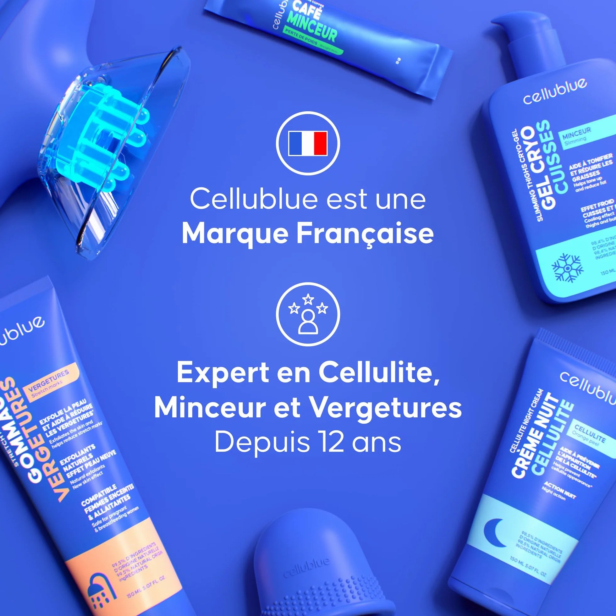 Huile Vergetures Cellublue 5 huiles 100% naturelles Anti-vergetures Cicatrices Peau Sèche Hydrate Élasticité