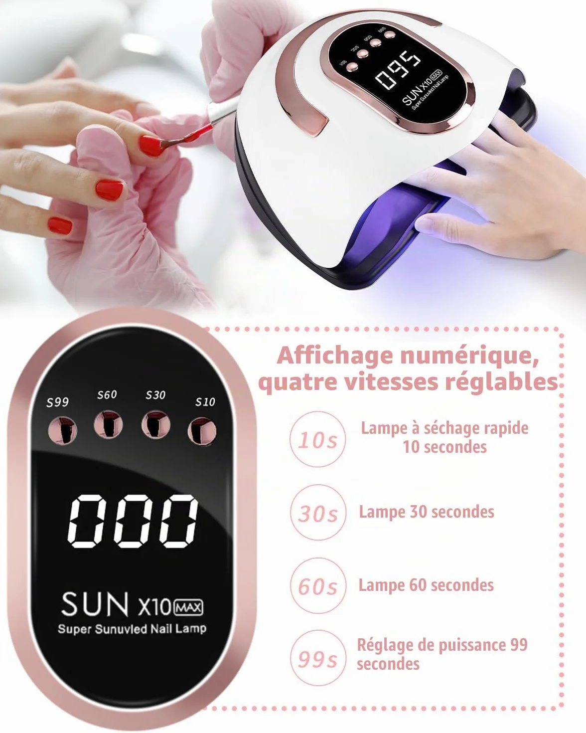 220W LED Nail Polish UV Lamp, Professional LED UV Nail Polish Dryer | With 60 Lamp Beads, 10/30/60/99S Fast Drying, For All Gels, Automatic Nail Polish Machine (rose)