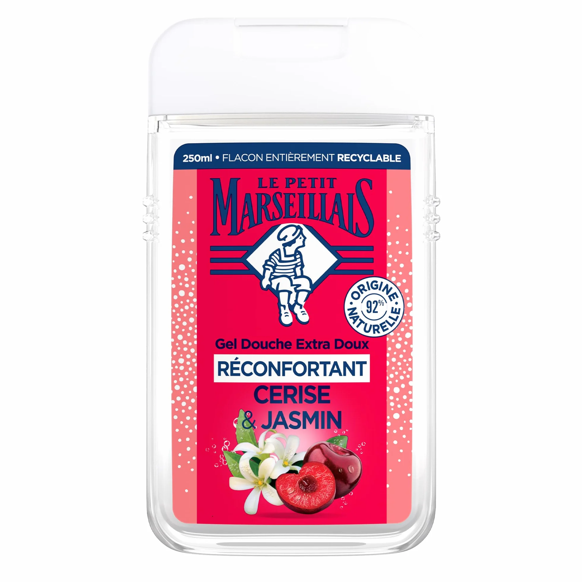Le Petit Marseillais Gel Douche Extra Doux Réconfortant Cerise & Jasmin 250 ml – 92% Ingrédients Naturels pH Neutre