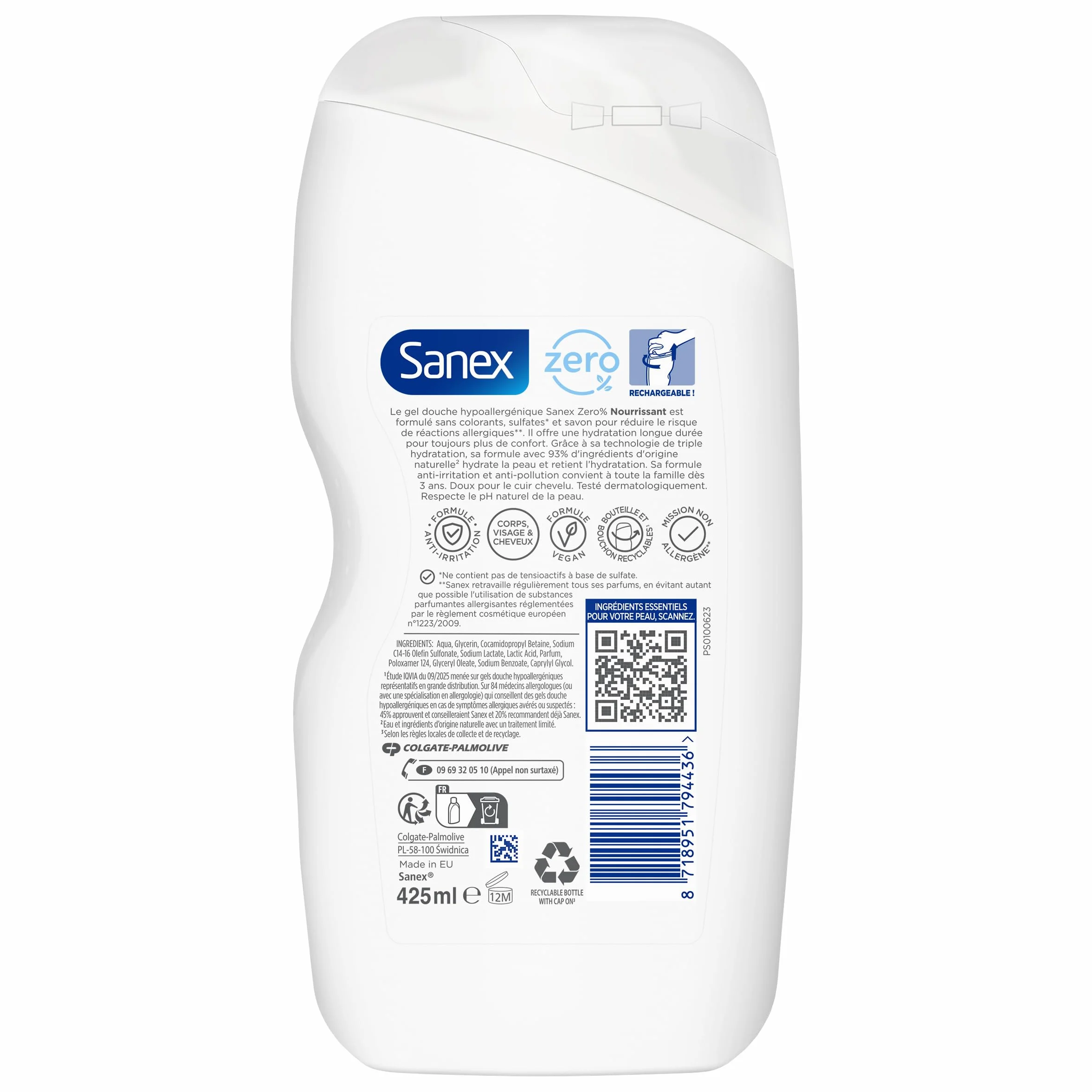 SANEX Gel Douche Zero% Nourissant Peaux sèches Hypoallergénique 425ml