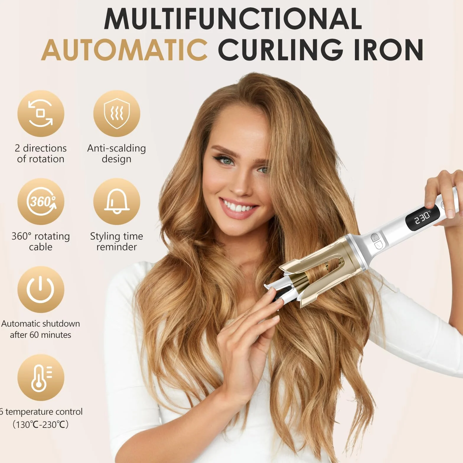 Fer a Boucler Cheveux Automatique, Fer a Friser avec 6 Réglages de Température avec LCD Écran, Friseur Cheveux Femme, Boucleur Céramique pour Cheveux Longs/Courts (Blanc)