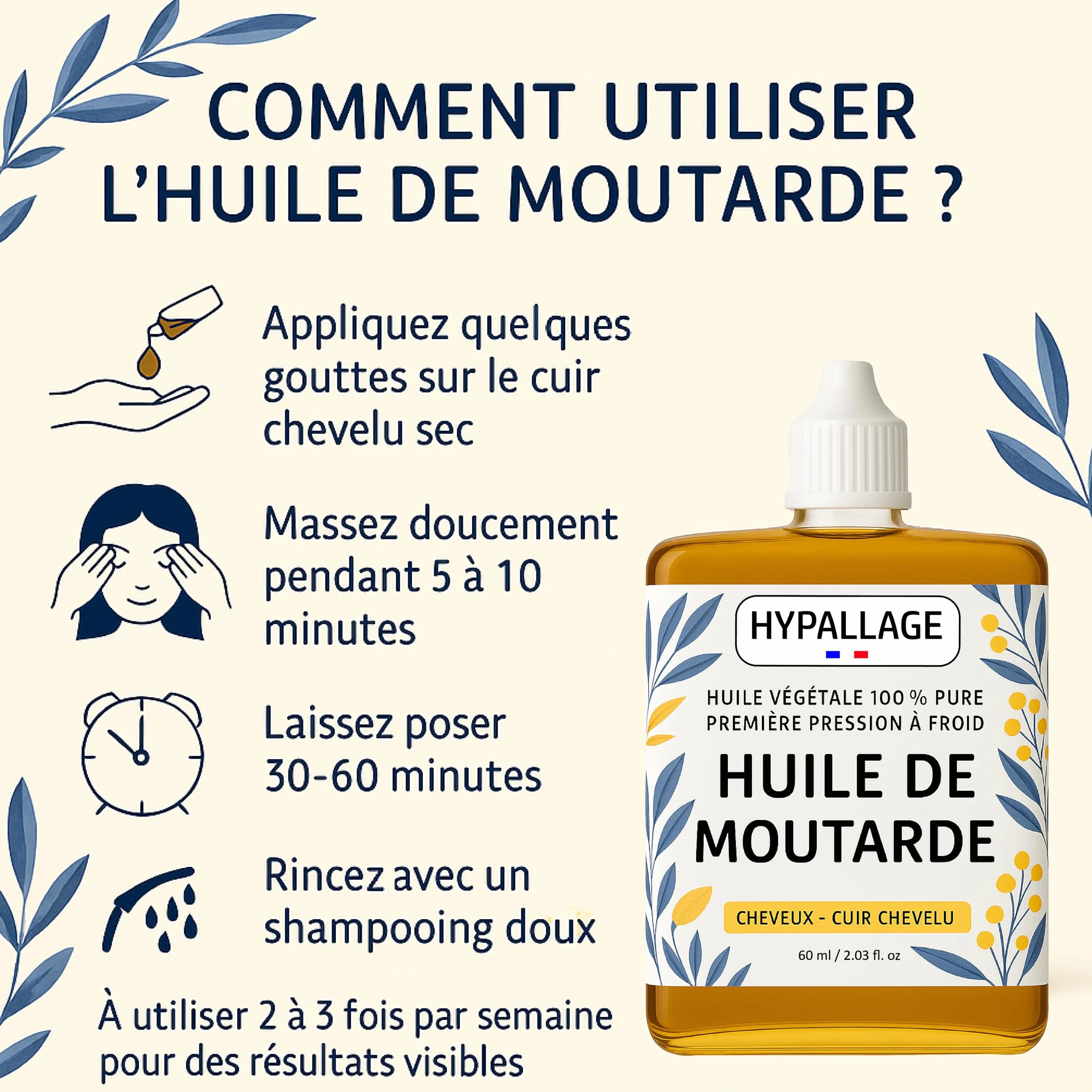 Huile de Moutarde Pousse Cheveux Soin Capillaire Nourrissant 60ml