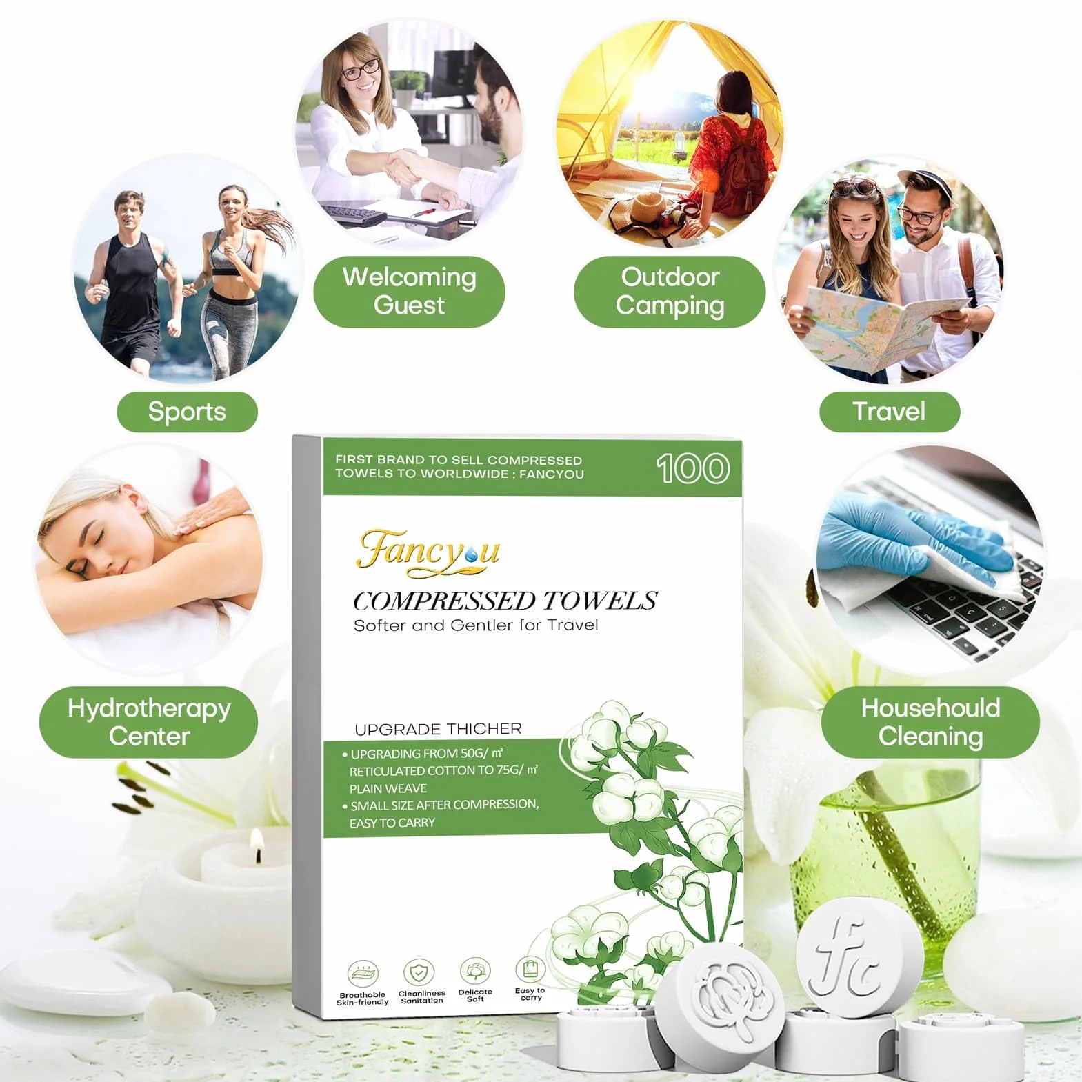 Serviette Compressée Biodégradable Jetable, Lingettes Ultra-douce, Mini Chiffons Absorbant, Torchon Voyage 100 Unité Vert