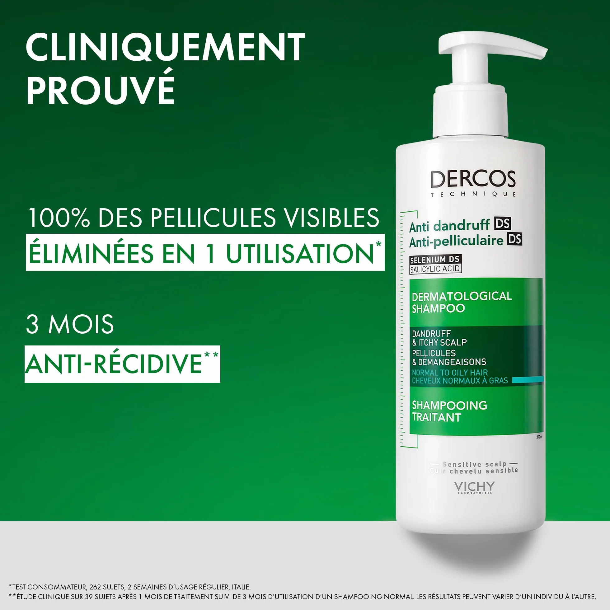 VICHY DERCOS Shampooing Anti-Pelliculaire DS Cheveux Normaux à Gras 390 ml