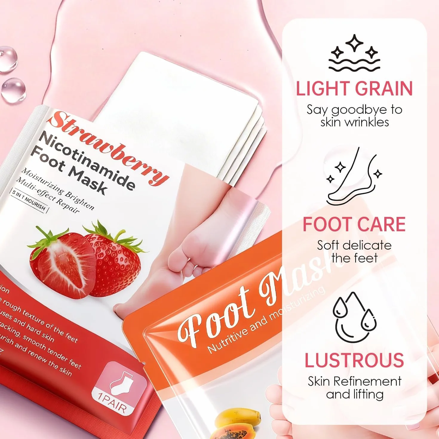 Masque Pied Exfoliant 2 Paires, Chaussette Exfoliante Pieds Secs Abîmés, Hydratation Profonde Fraise Papaye