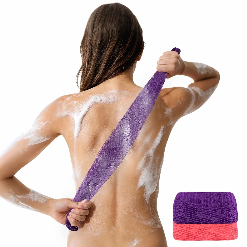 Filet de Douche Africain Exfoliant, Éponge de Gommage Corps Nylon Séchage Rapide, 2 Pièces Rose Clair Violet Foncé