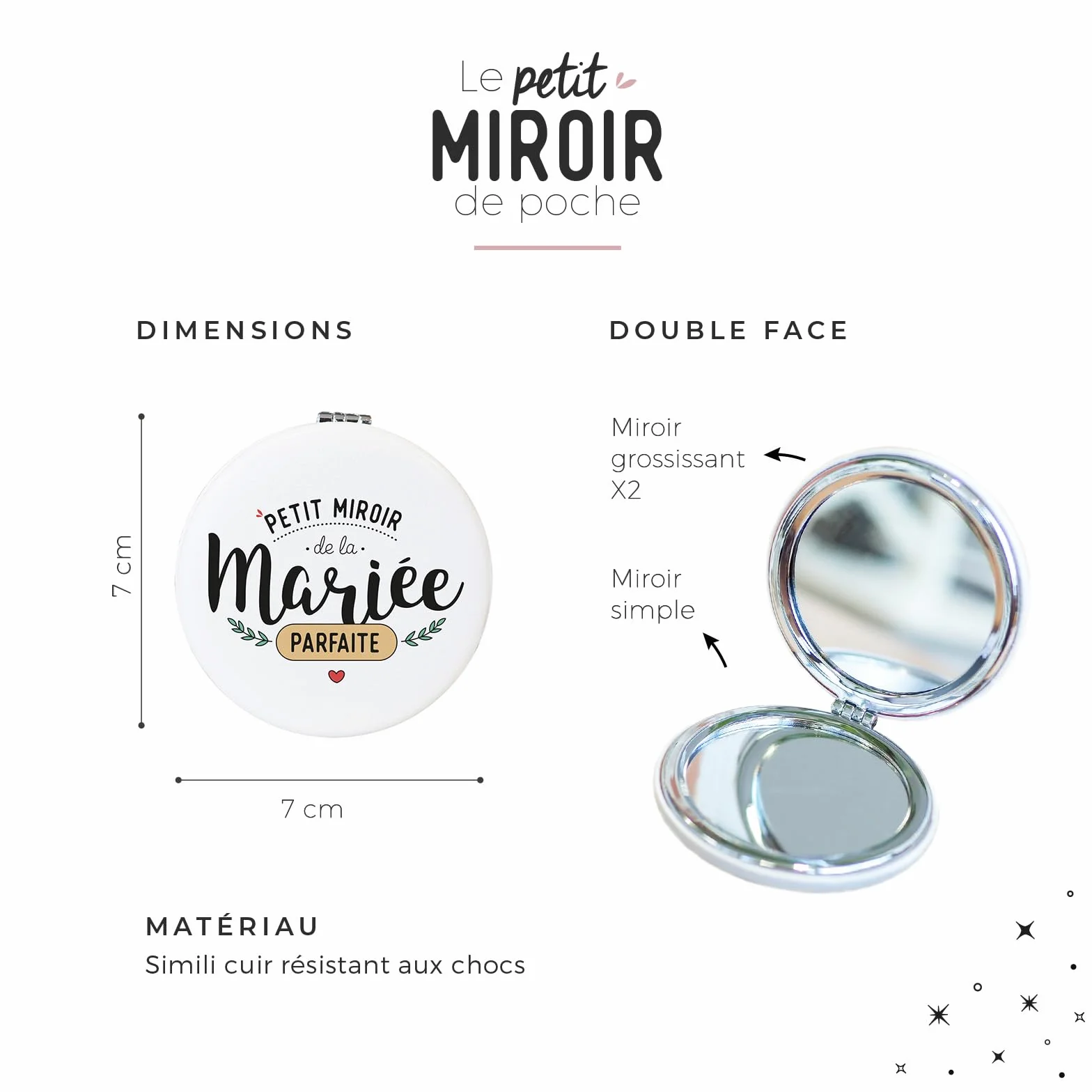 Miroir de Poche Double Face Marraine Parfaite avec Pochon Coton