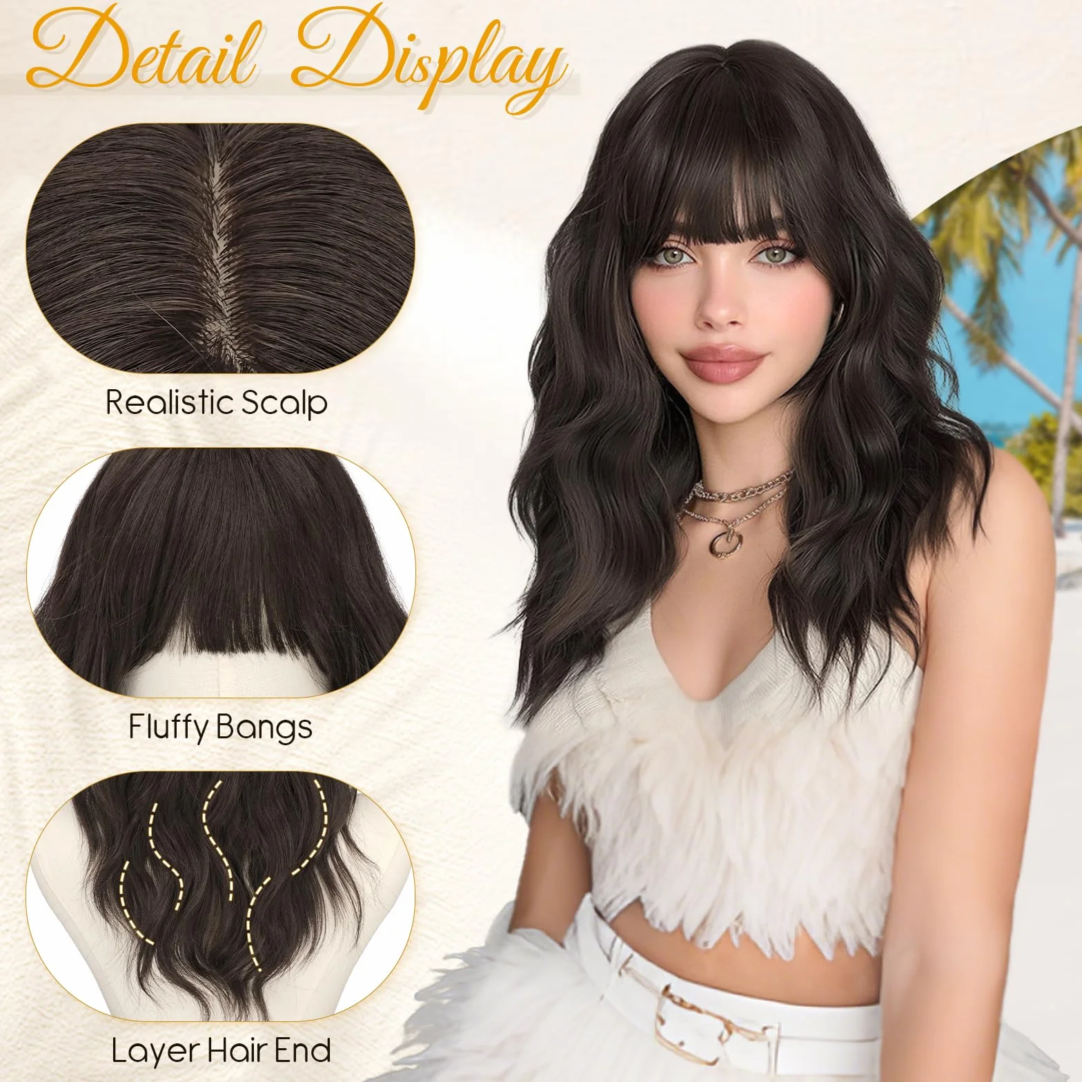 RUWISS Perruque Ondulée Brun Foncé Mi-longue 50 cm avec Frange, Naturel Layered Perruques pour Femme Cheveux Synthétiques Résistantes pour Usageet Quotidien et Cosplay