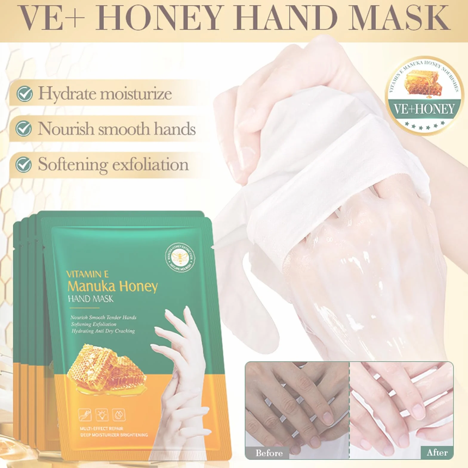 Masques Mains Hydratants à la Vitamine E et Miel, 6 Pièces, Gants Réparateurs pour Mains Sèches et Gercées