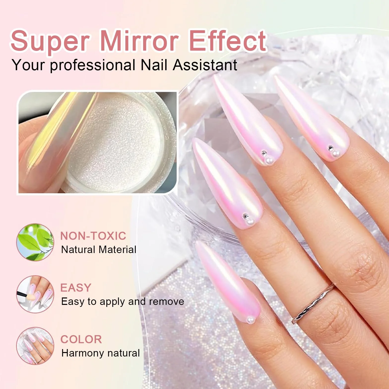 Poudre Chrome Ongle 8 Couleurs, Poudre Nacrée Effet Perle Holographic Nail Art Miroir Pigment DIY Design Chromé