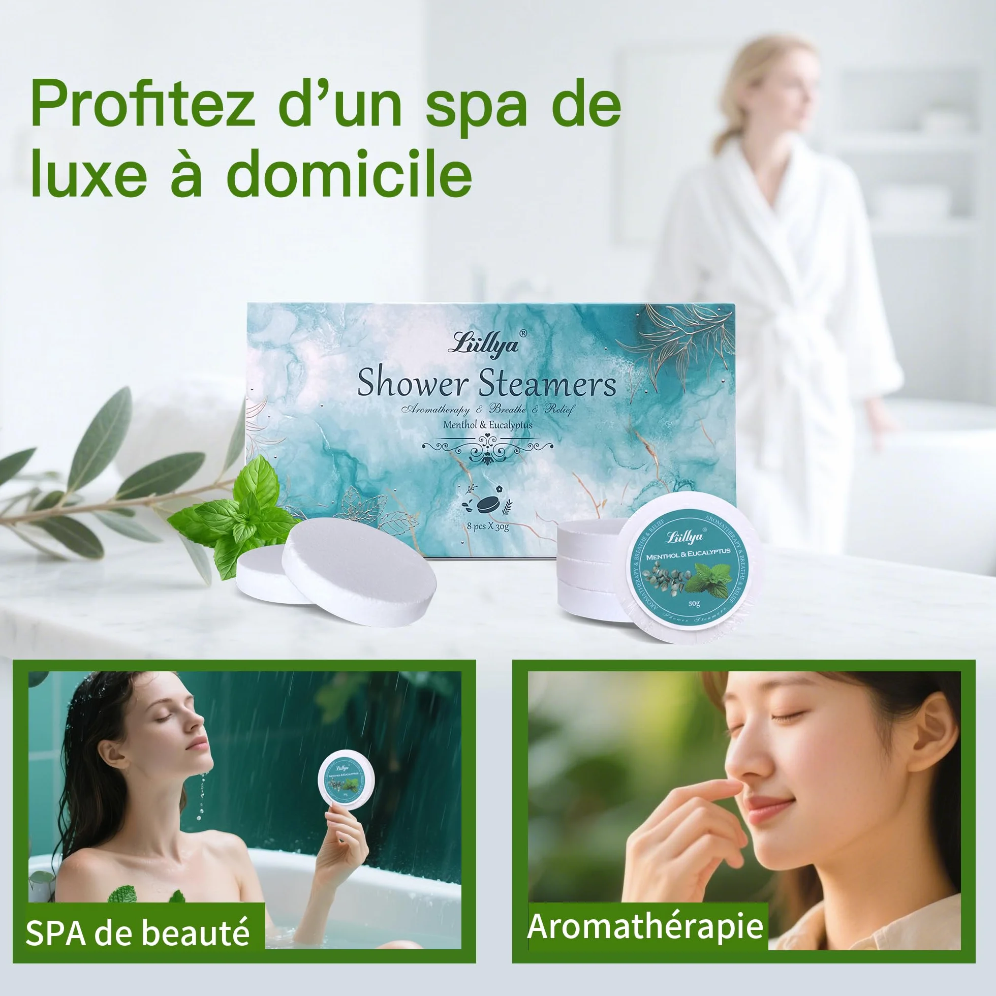 Bombe de Douche d'Aromathérapie Menthe & Eucalyptus, Lot de 8 Vapeur de Douche aux Huiles Essentielles