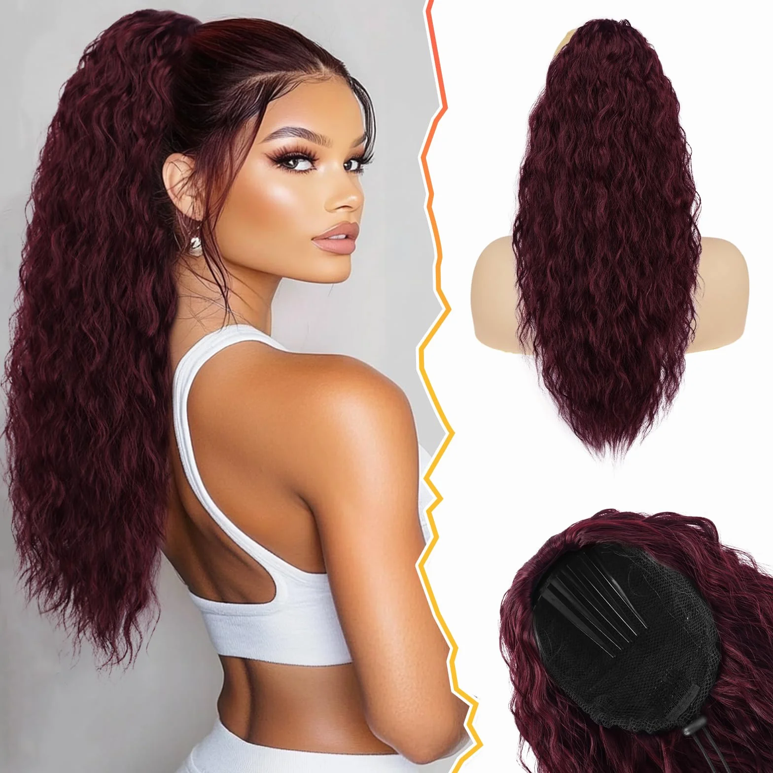 BARSDAR 56cm Bordeaux Queue de Cheval Extnsion, Longue Ondulée Synthétique Peigne Clip in Queue de Cheval Extension Cheveux avec Cordon pour Femmes Bohemian Naturel Rouge Foncé Ponytail Postiche